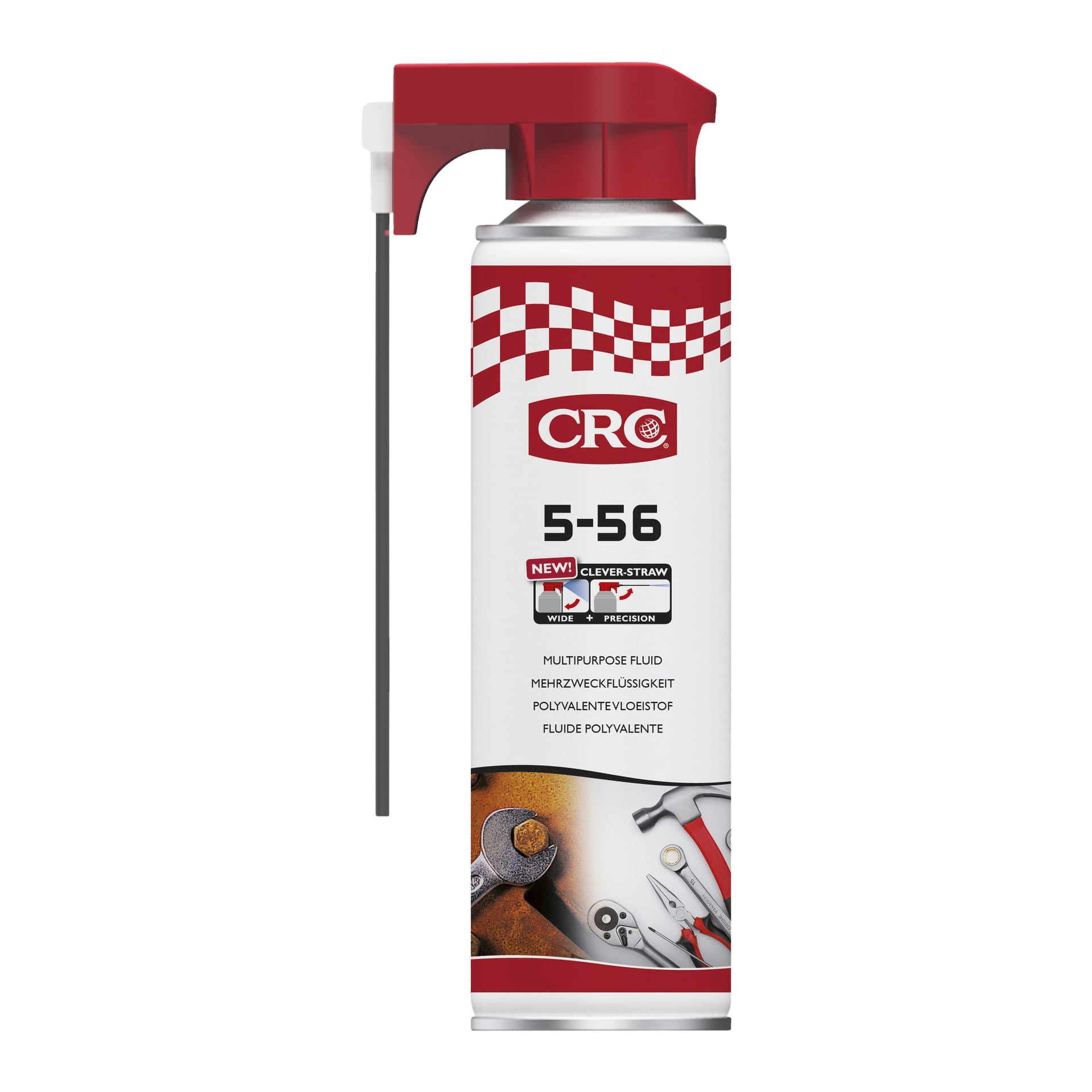 En burk CRC Multi-purpose spray 5-56 Clever Straw med röd och vit design, bilder på verktyg på etiketten och produktfunktioner listade. Behållaren inkluderar ett Clever Straw-munstycke.