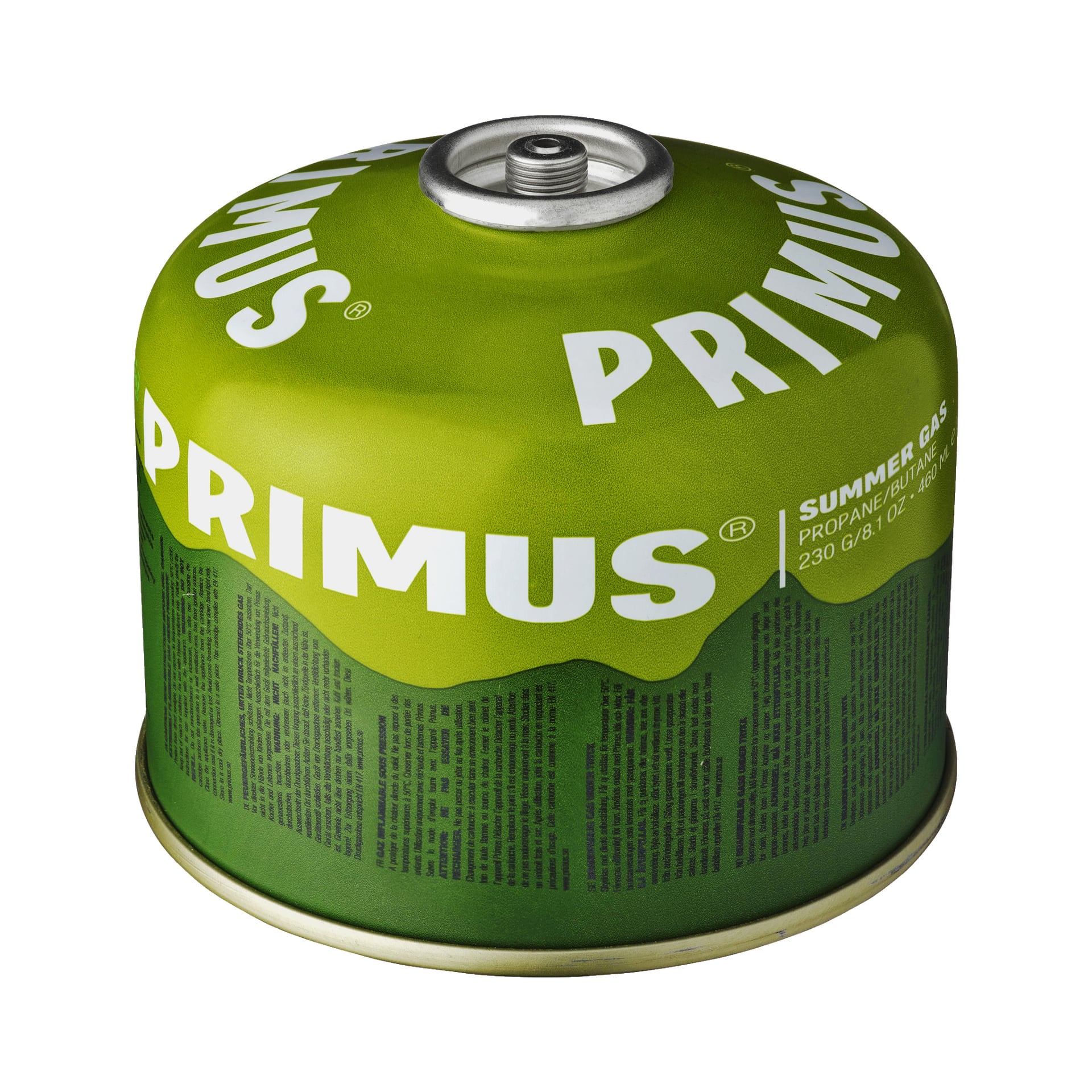 Primus Summer Gas -kanisteri vihreä-keltaisella värimaailmalla, jossa on 230 g propaani- ja isobutaaniseosta, ja jonka päällä on kierteinen venttiili kannettavien liesien kiinnittämistä varten.