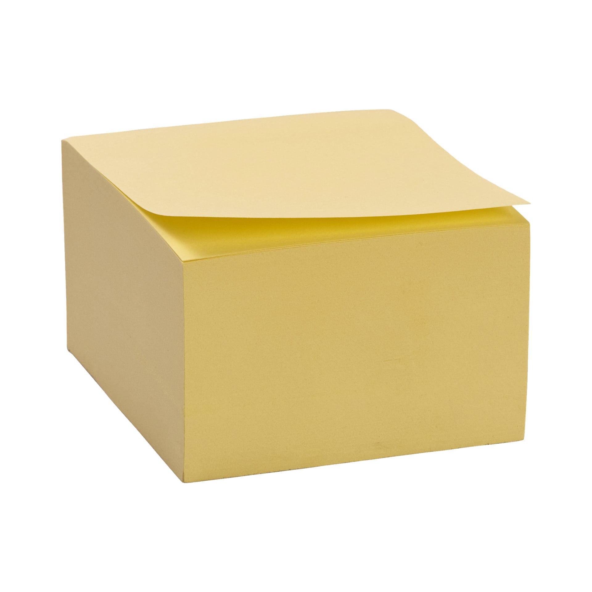 Ett block med 500-pack från No brand EMW, som visar en hög gula post-it-lappar där den översta sedeln är något upphöjd.