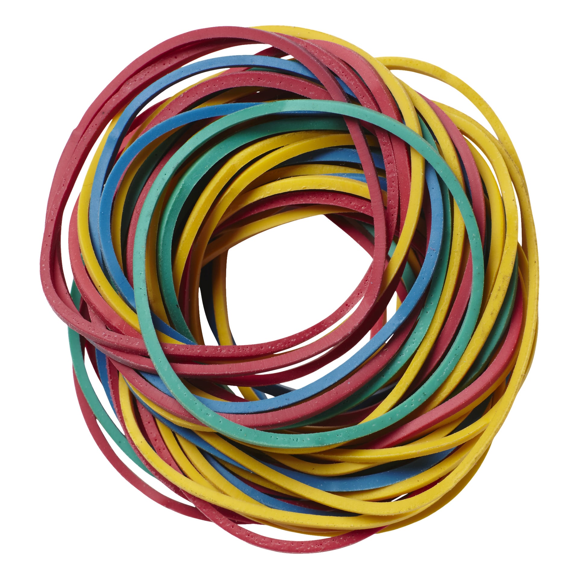 En grupp No Brand EMW-gummiband i rött, gult, grönt och blått är arrangerade i ett överlappande cirkulärt mönster.