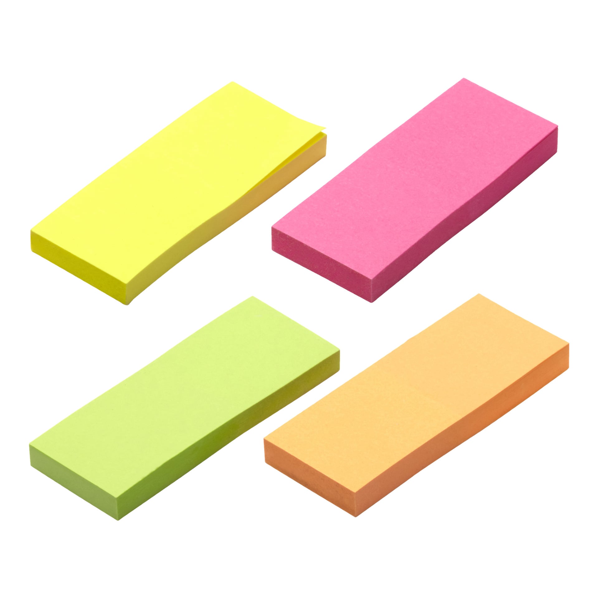 Fyra rektangulära staplar av Memo block 200-pack post-it-lappar från No brand EMW i gult, rosa, grönt och orange är placerade i två rader. Staplarna är något isär från varandra och ser oanvända ut.