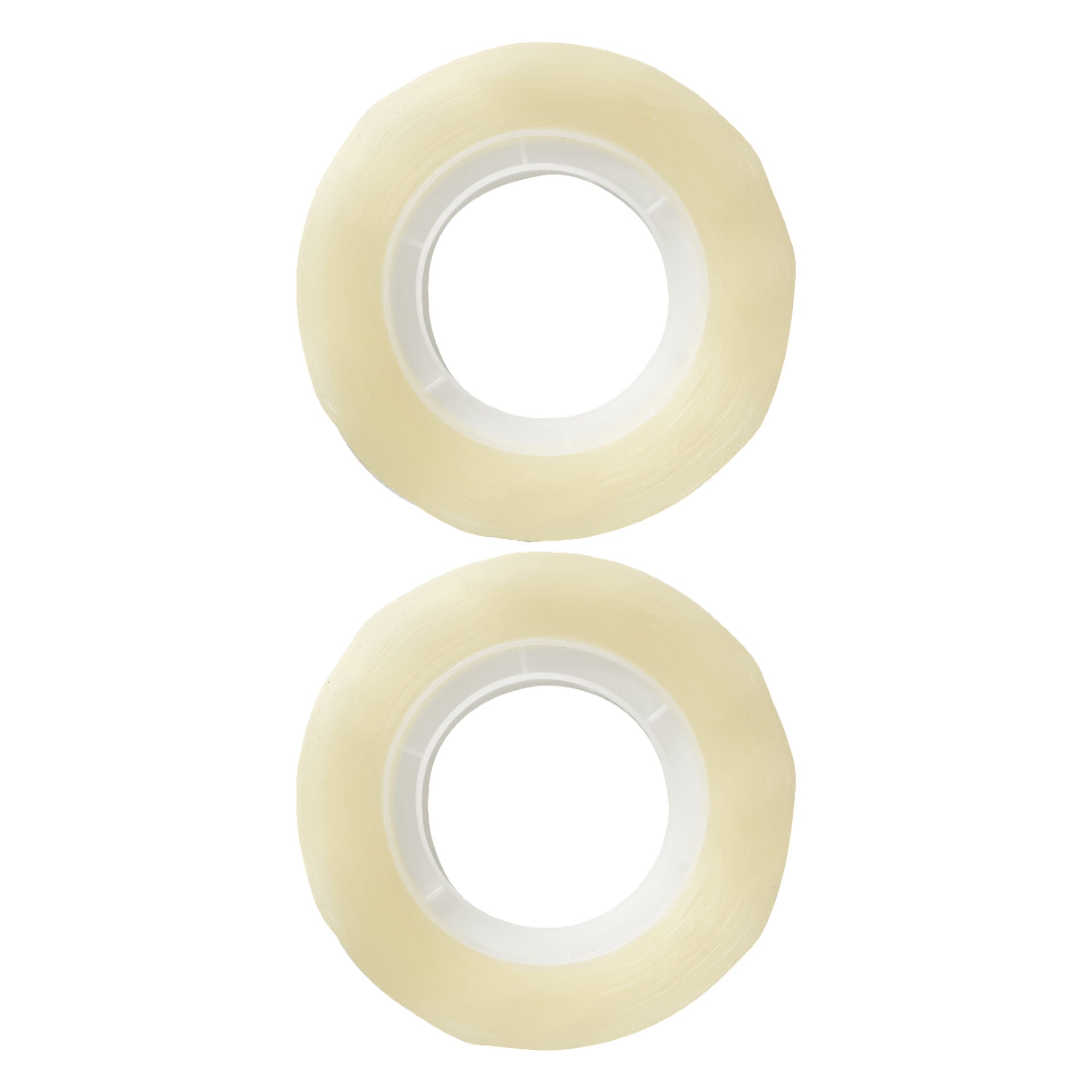 To klare selvklebende taperuller fra No-merket EMW Tape 2-pakken, hver med en hvit plastkjerne, er stablet vertikalt oppå hverandre.