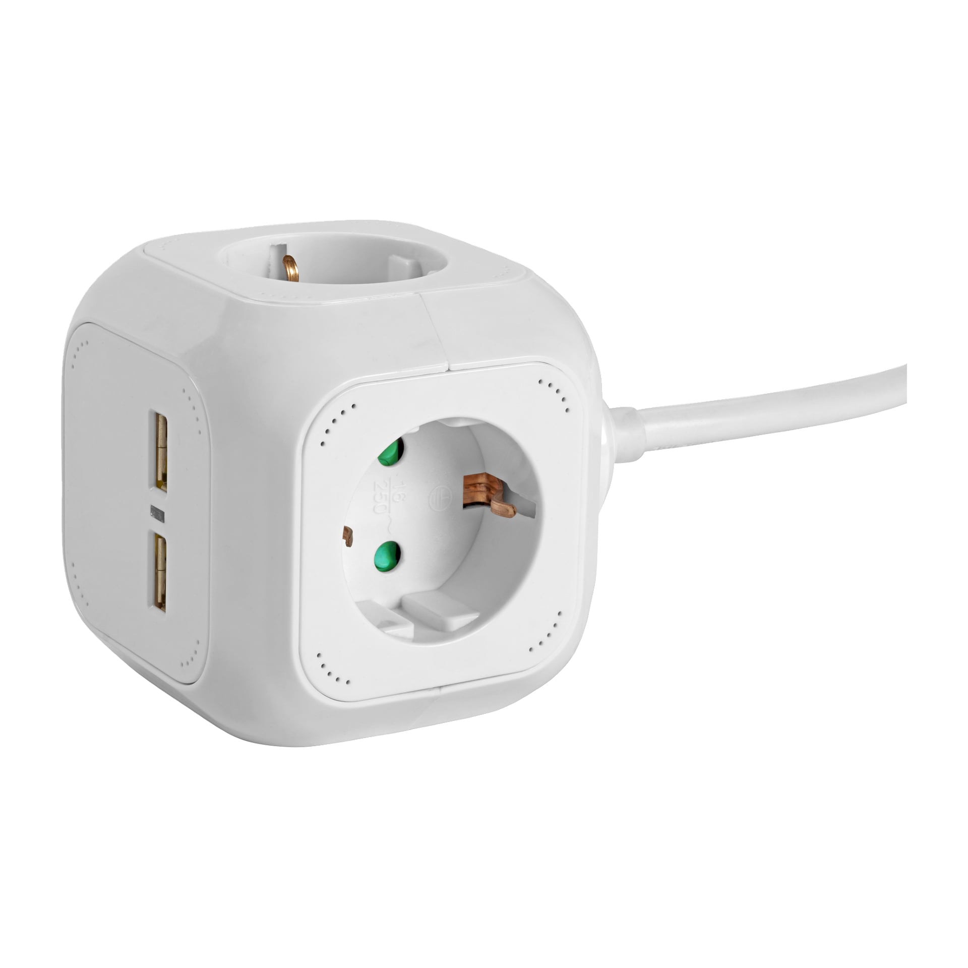 En hvit, kubeformet Anslut-strømstripe har flere europeiske stikkontakter, to USB-porter og en tilkoblet hvit strømkabel.