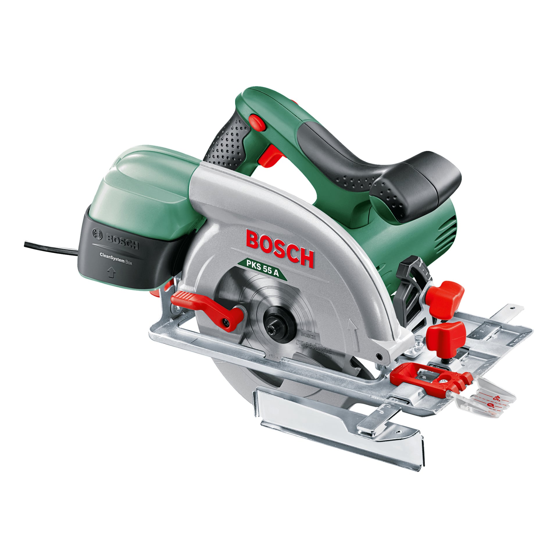 En Bosch PKS 55 A cirkelsåg med en grön och svart kropp, röda justeringsrattar, en stadig metallbottenplatta, strömkabel fäst, tydligt synligt bladskydd och ergonomiskt handtag.