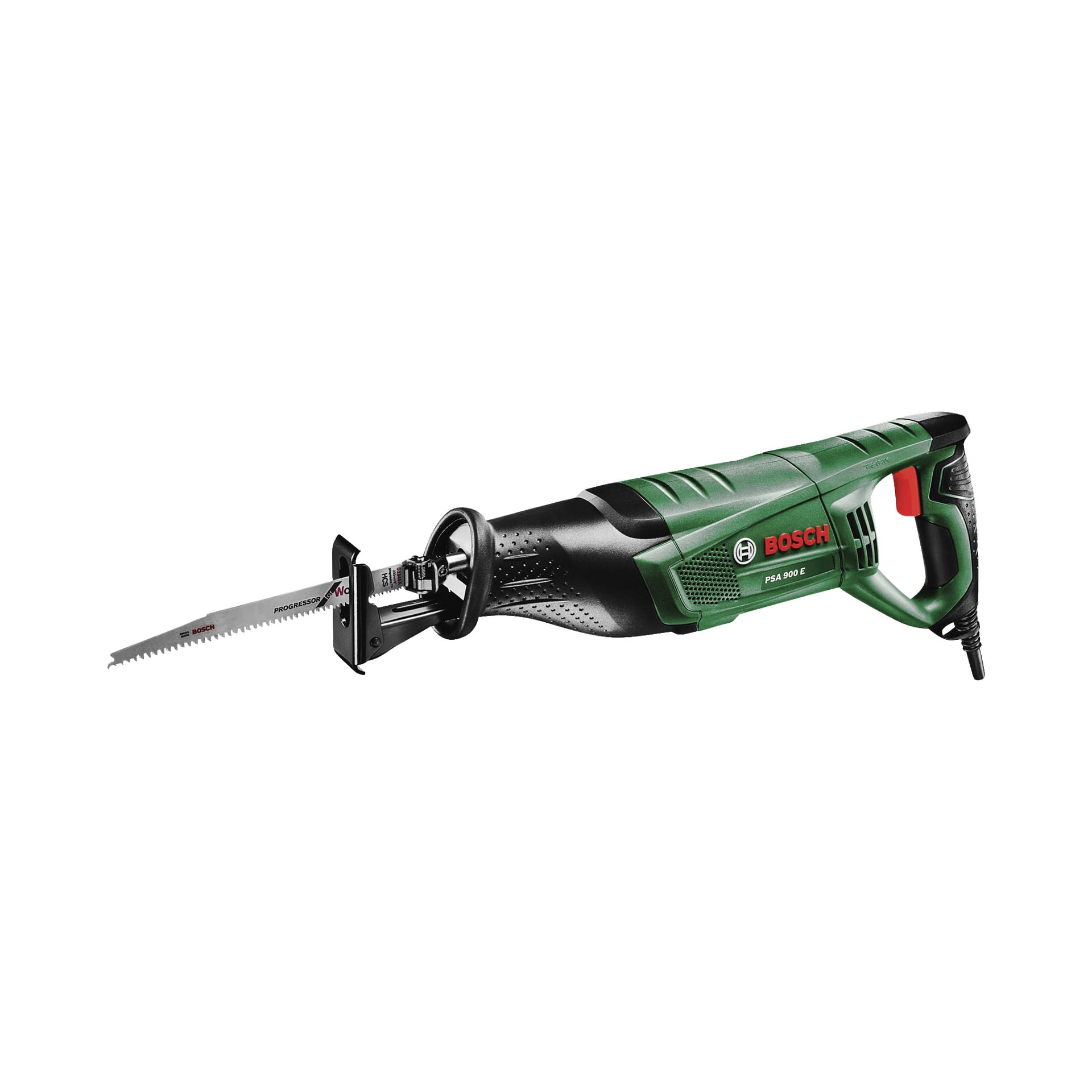 En grön och svart Bosch PSA 900 E bajsåg med silverblad, svart handtag och avtryckare, och Bosch-logotypen visad på sidan.