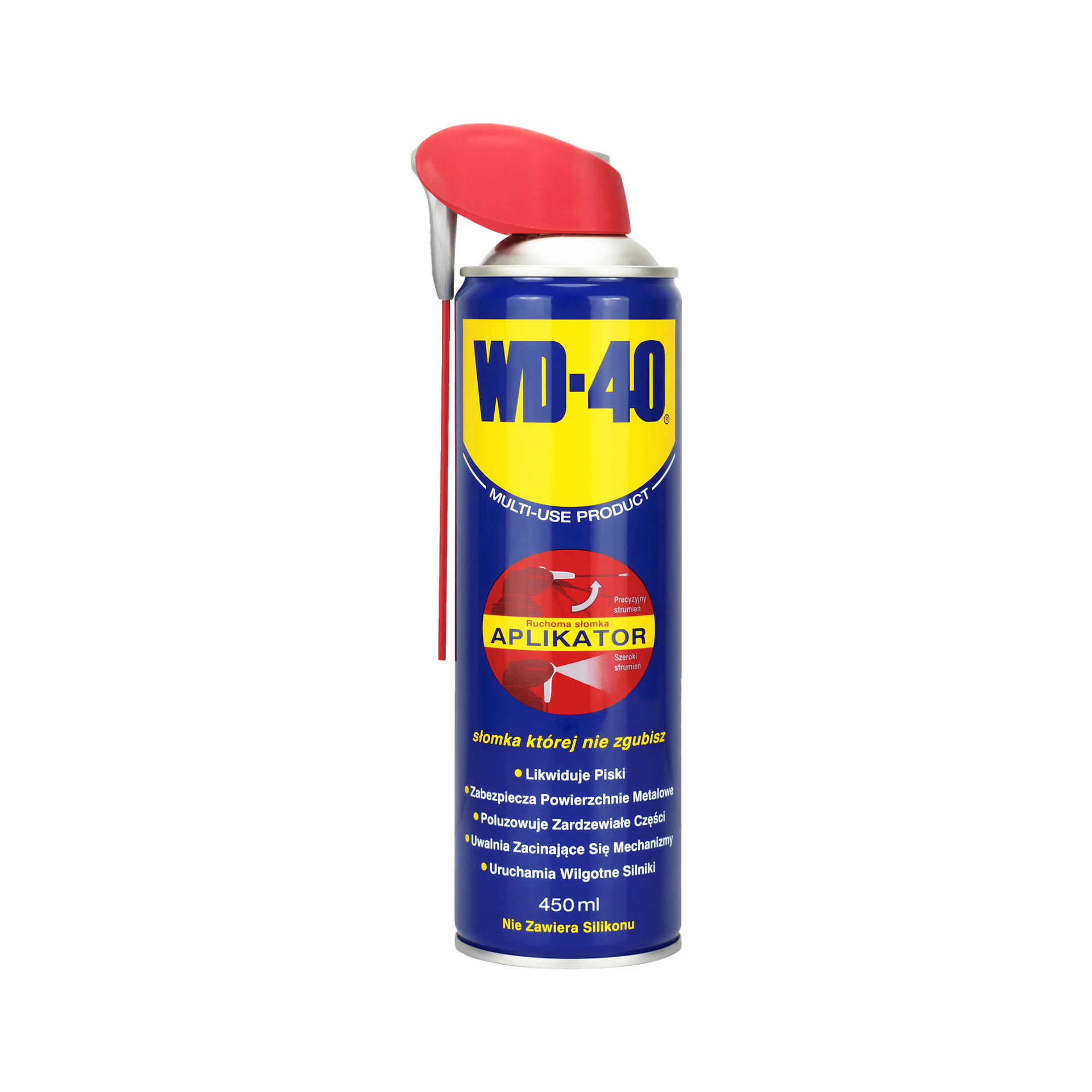 Puszka 450 ml uniwersalnego sprayu WD-40 Smart Straw stoi pionowo. Puszka ma czerwony aplikator Smart Straw oraz etykietę wskazującą zastosowania takie jak ochrona metalu i smarowanie.