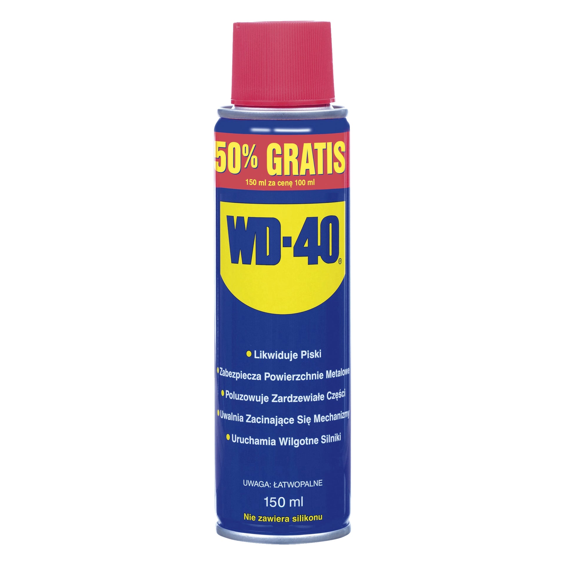 Puszka 150 ml sprayu WD-40 Multi-purpose z czerwonym nakrętką podkreśla na etykiecie ofertę 50% darmową i wymienia zalety, takie jak powstrzymanie skrzypania i ochrona metalowych powierzchni; Określa się również, że produkt nie zawiera silikonu.