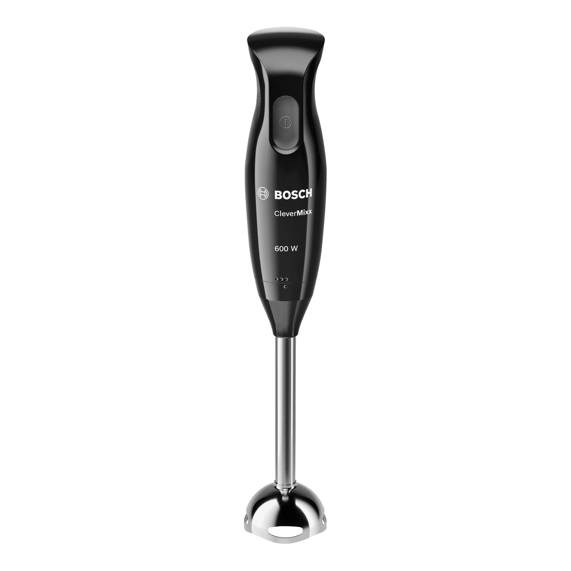 Bosch Home Hand-mixer MSM2610B i svart, utrustad med en 600-watts motor, har en enda kontrollknapp, visar Bosch-logotypen och inkluderar en avtagbar blandningsaxel i rostfritt stål med ett skyddande bladskydd.