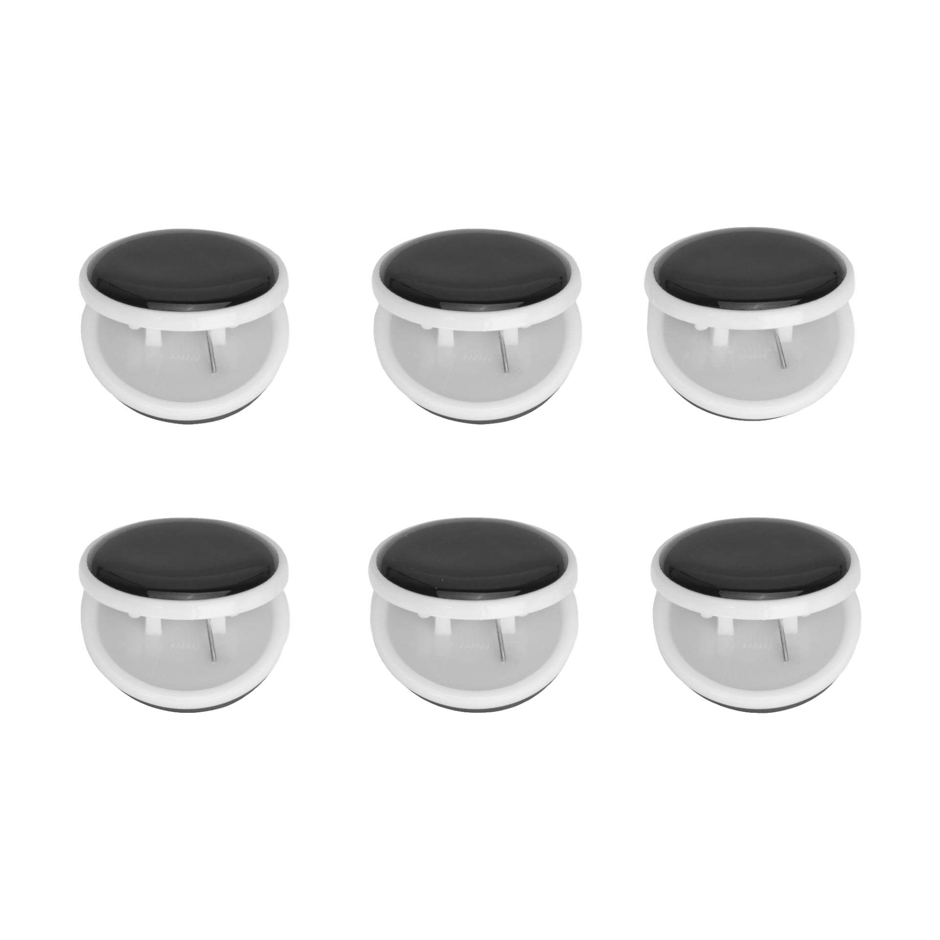 Sex magnetiska klämmor 6-pack med svarta runda toppar och vita plastbaser arrangerade i två rader om tre.