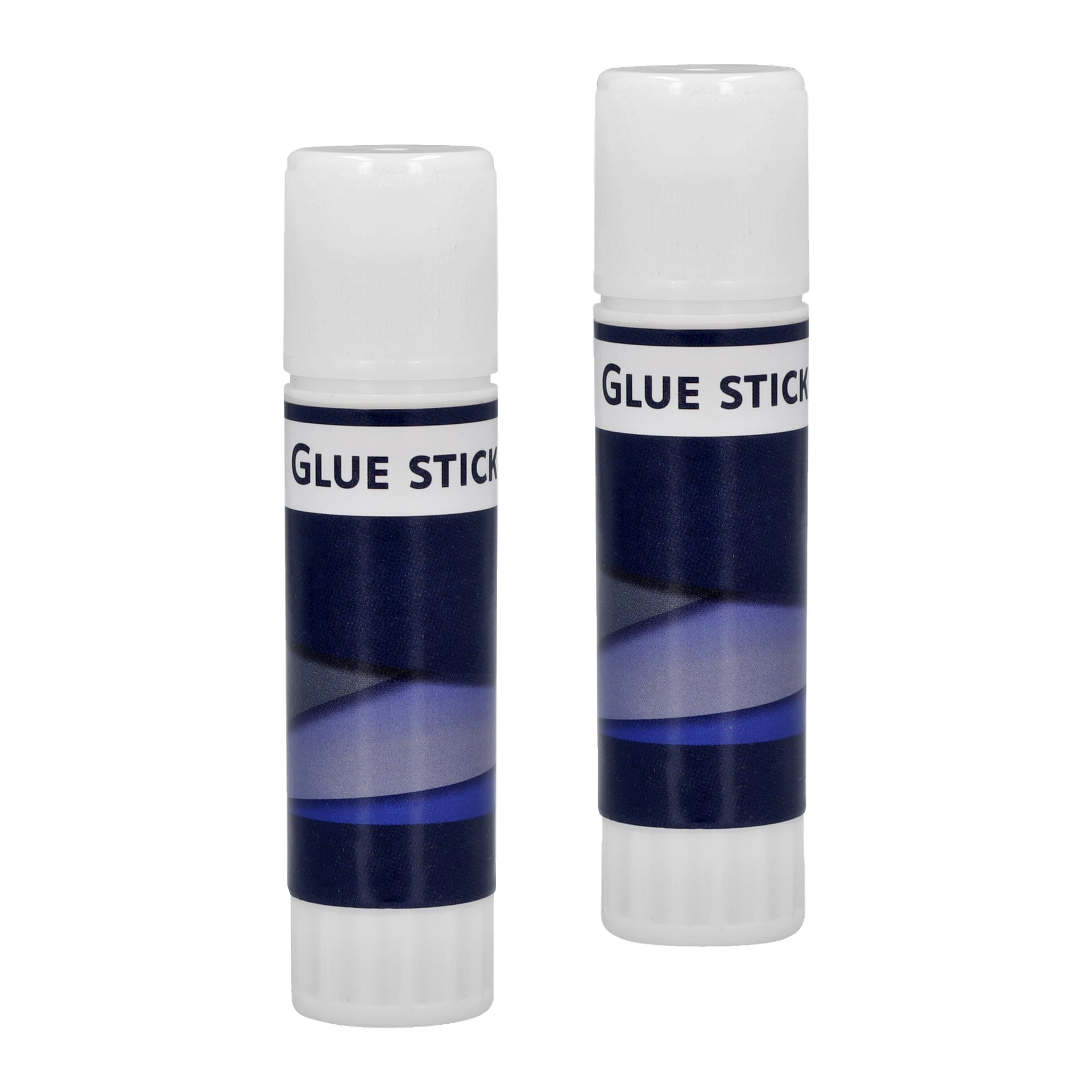 Två cylindriska limstift från No brand EMW Glue stick 2-pack står upprätt bredvid varandra. Varje har en vit mössa och en mörkblå etikett med "GLUE STICK" i stora svarta bokstäver.