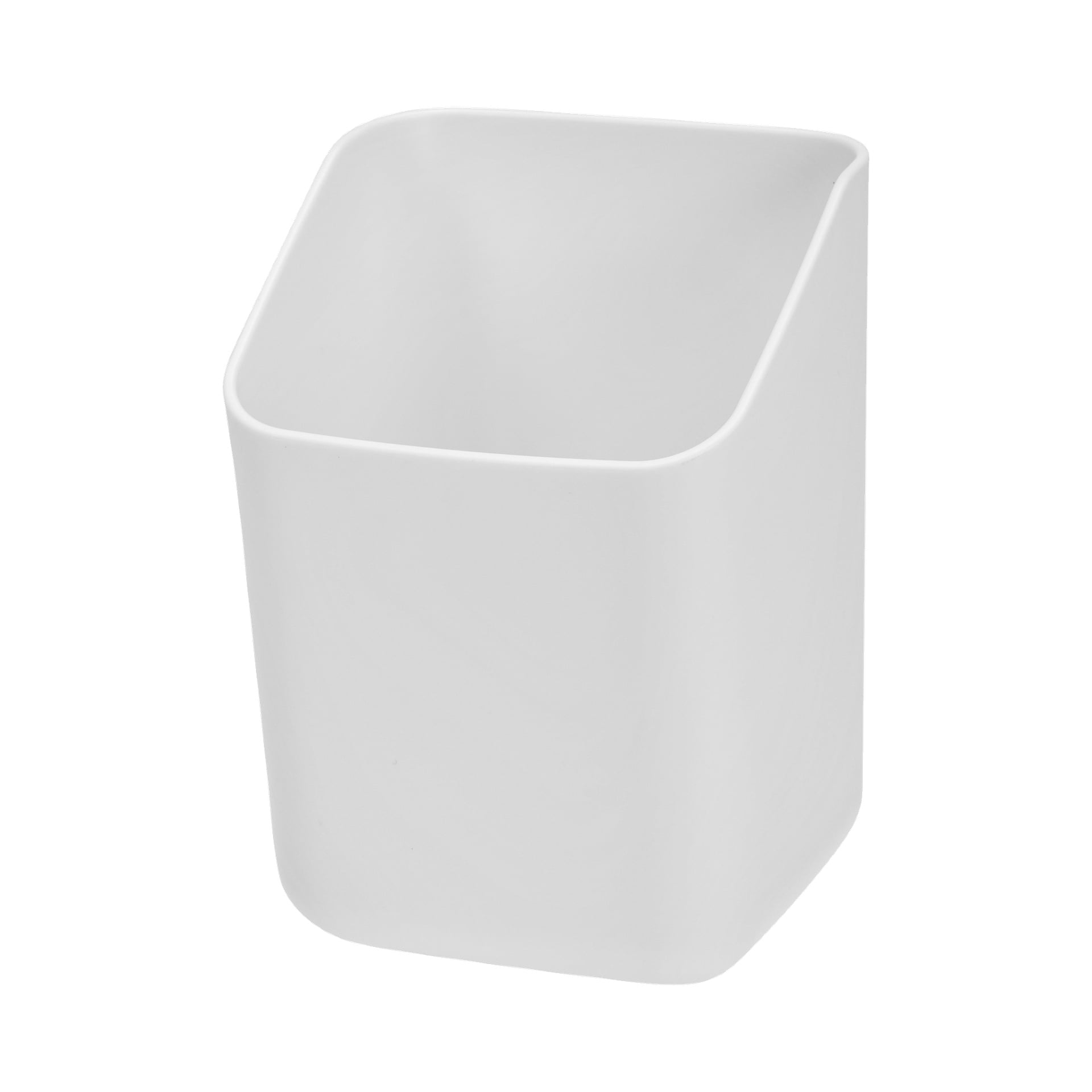 En enkel, hvit, firkantet magnetisk penneholder fra No brand EMW, laget av plast med mykt avrundede hjørner og slanke overflater, med åpen topp for enkel oppbevaring eller organisering.