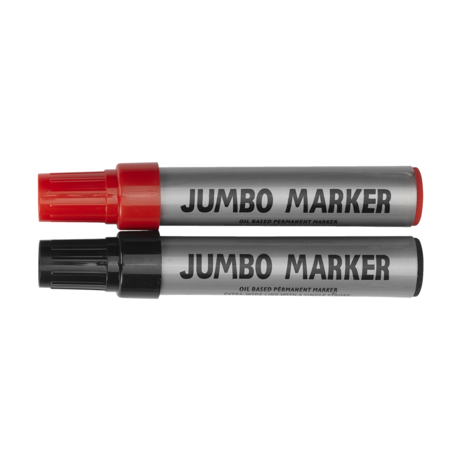 Två överdimensionerade "Marker pen Jumbo Marker" från No brand EMW visas sida vid sida, en med röd lock och en svart. Dessa oljebaserade permanenta tuschpennor har silver- och svarta kroppar och förpackas tillsammans som ett par av två.
