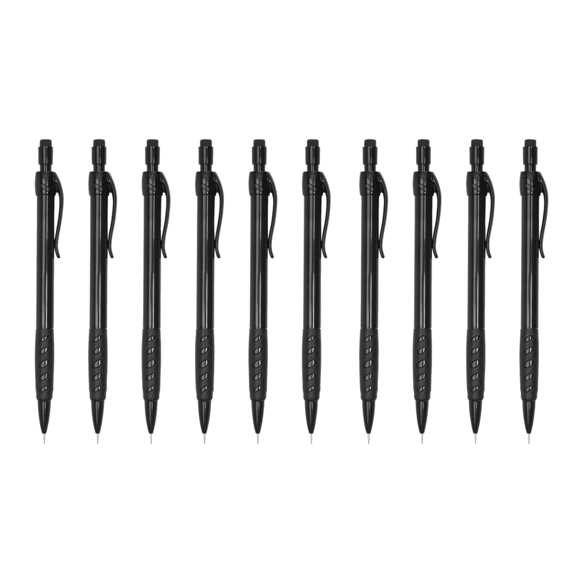 Tio svarta drivpennor, 10-pack mekaniska pennor arrangerade i en horisontell rad.