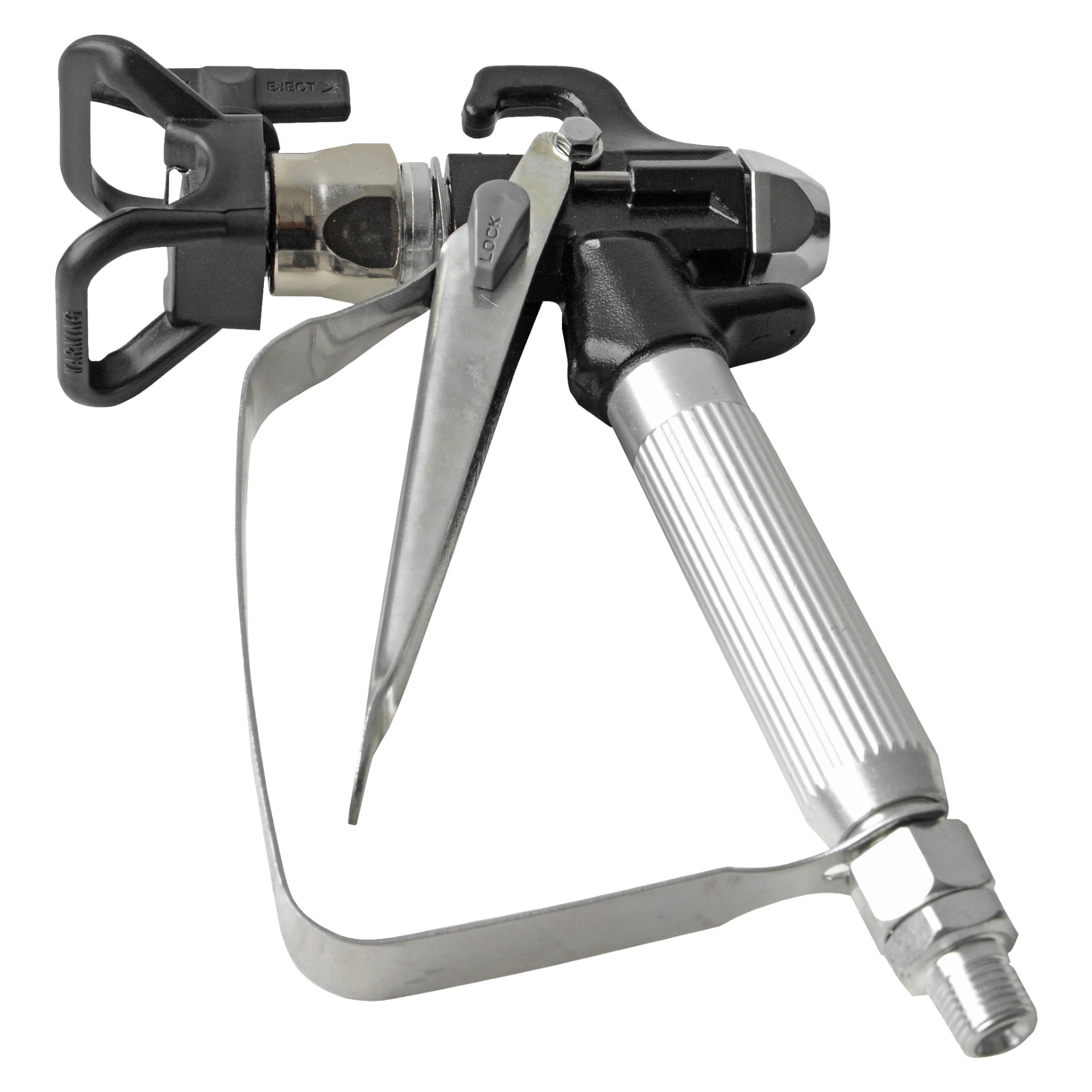 En detaljerad vy av en Meec Tools spraypistol, som visar dess metallkonstruktion med räfflad handtag, avtryckare och munstycke avsedda att ansluta till en färgslang. Vapnet har också en låsmekanism och ett skyddsskydd nära munstycket.