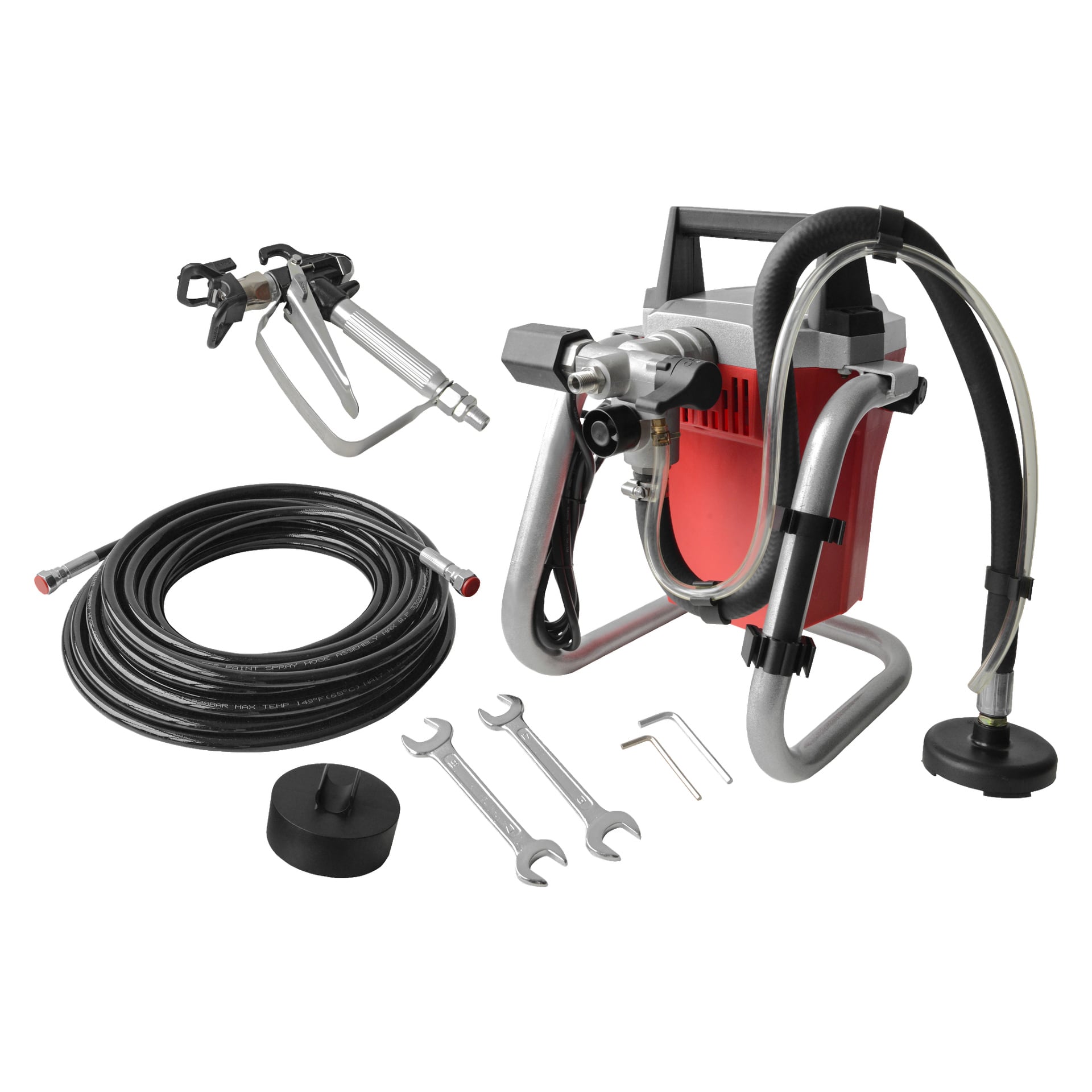 Ett Meec Tools Spray Gun-kit med huvudspruta, spraypistol, slang, två skiftnycklar, två insexnycklar, ett sugrör och en svart cirkulär del arrangerad tillsammans.