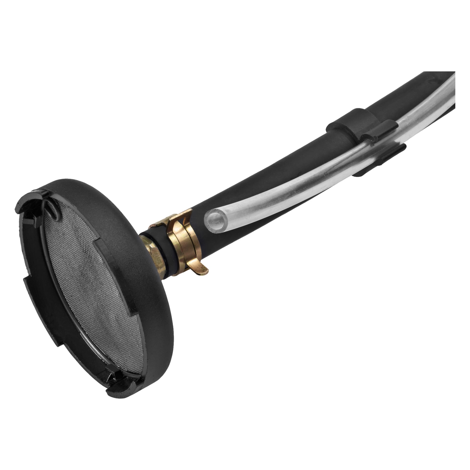 En närbild av en spraypistol från Meec Tools visar ett svart nätfilter kopplat till ett metallrör.