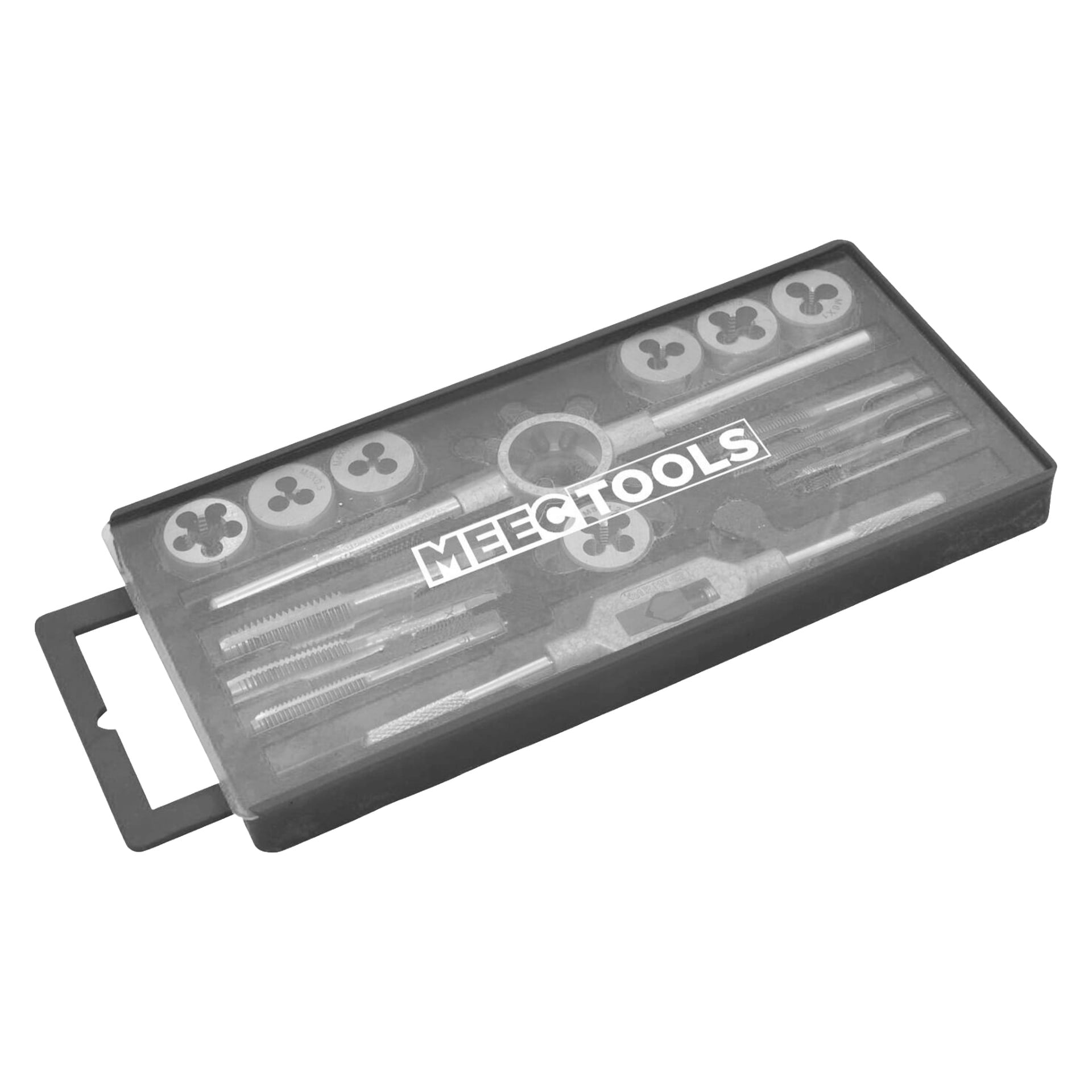 Zestaw narzędzi do gwintowania Meec Tools z 16 częściami, w tym różnymi narzędziami i matrycami do gwintowania metalu, wszystko starannie ułożone w plastikowej obudowie z przezroczystą pokrywką.