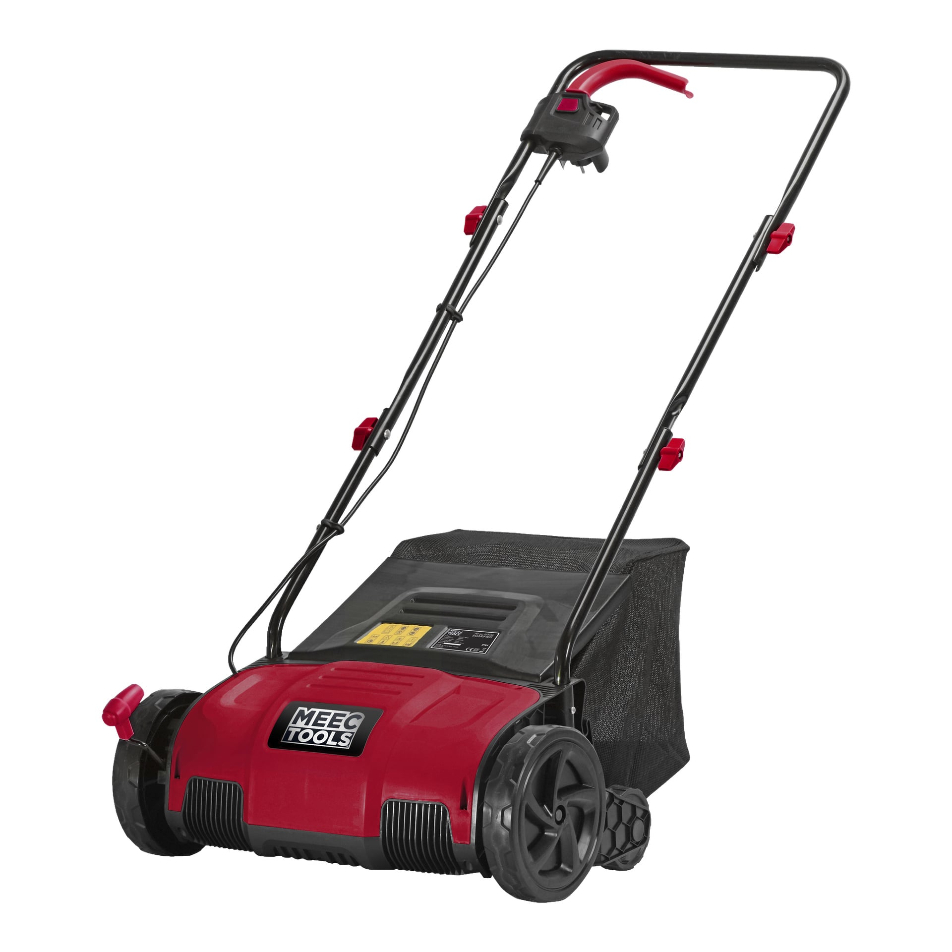 En röd och svart Meec Tools 2-i-1 elektrisk gräsmatteskärare med en nätpåse för grässamling har "Meec Tools"-logotypen på framsidan. Handtaget är upprätt och försett med en röd styrspack.