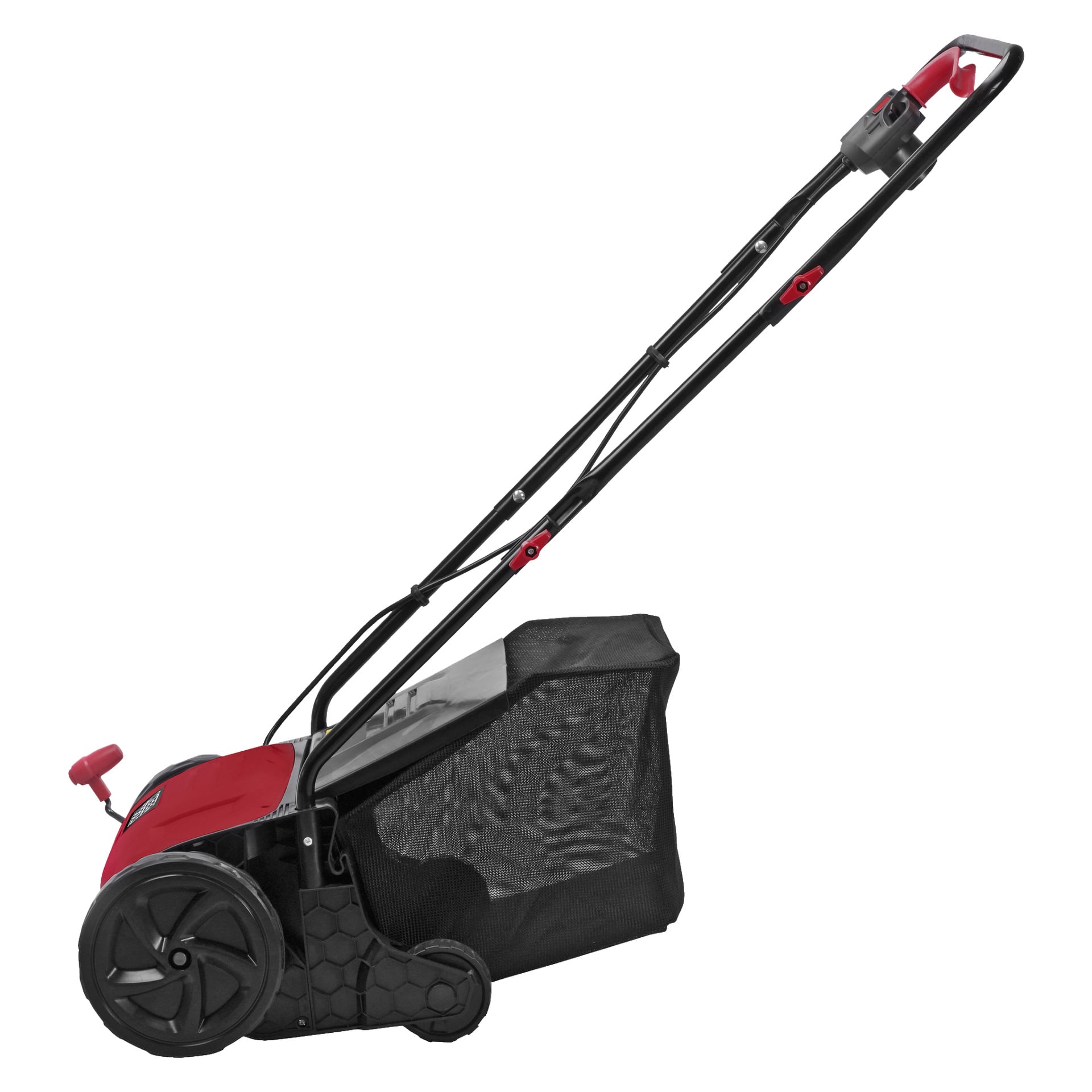 En röd och svart Meec Tools Scarifier 2-i-1 ses från sidan, med en gräsuppsamlingspåse fäst på ryggen.