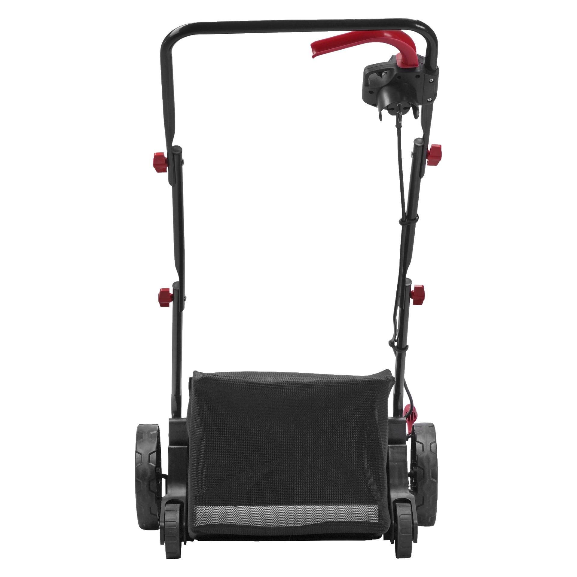 Meec Tools Scarifier 2-i-1 visas bakifrån, färdigställd i svart och rött. Den har två stora hjul, en nätpåse bak och ett styre med röd spak och en fastsatt kabel. Röda justeringsrattar sitter på vardera sidan av ramen.