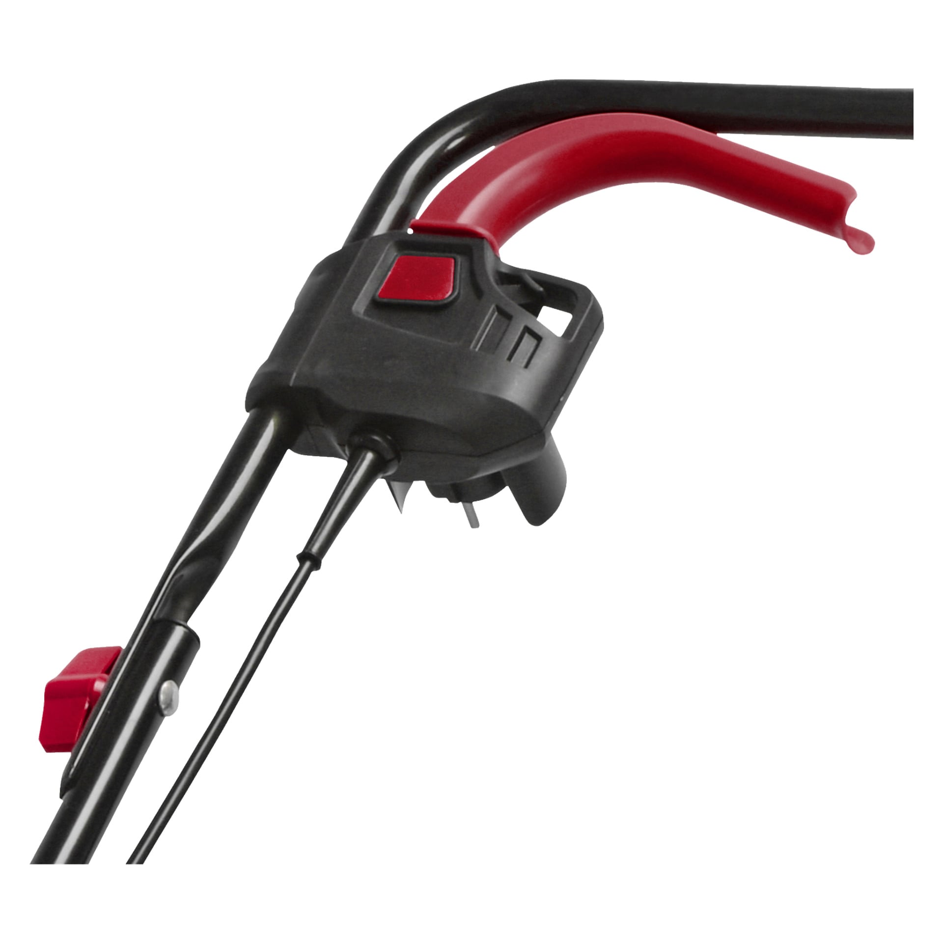 Närbild på Meec Tools Scarifier 2-i-1 svart styre, med en röd säkerhetsspak och röd startknapp. Handtaget har en kontrollbox med synliga kablar anslutna.
