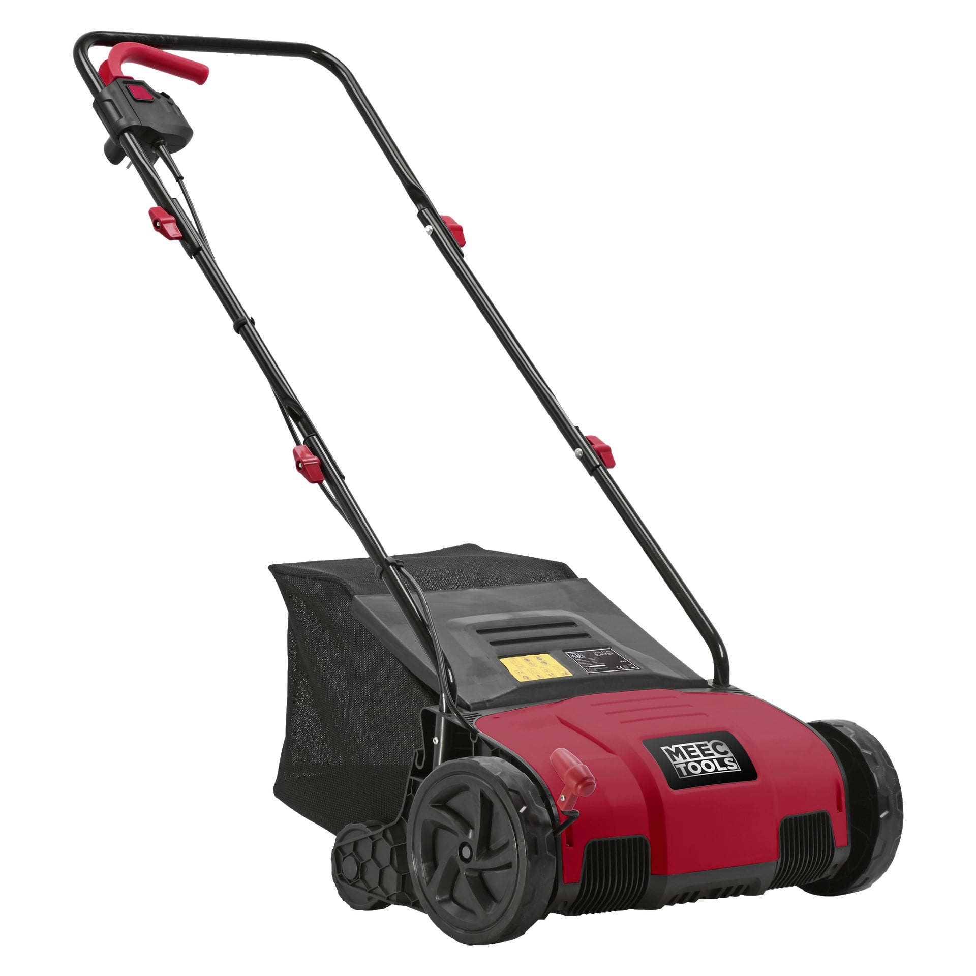 En röd och svart Meec Tools Scarifier 2-i-1 med två stora hjul, ett styre utrustat med kontrollbrytare och en nätpåse fäst bak.
