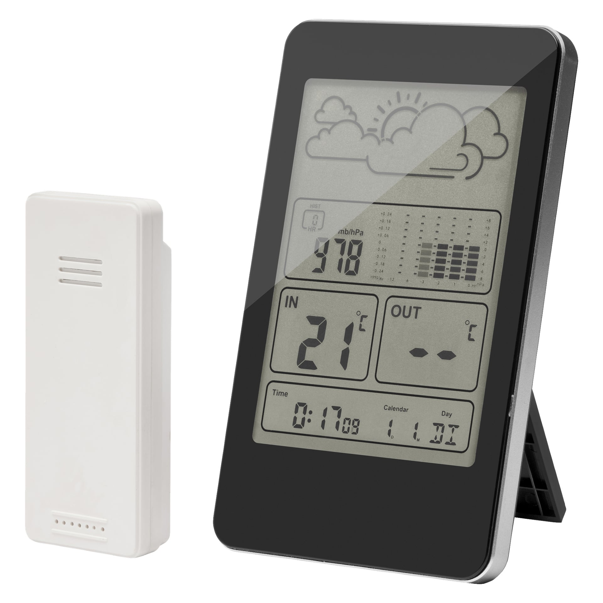 Marquant Wireless værstasjon inkluderer en hvit rektangulær sensor og viser værikoner, atmosfærisk trykk, innendørs og utendørs temperaturer, tid, dato og kalenderinformasjon.