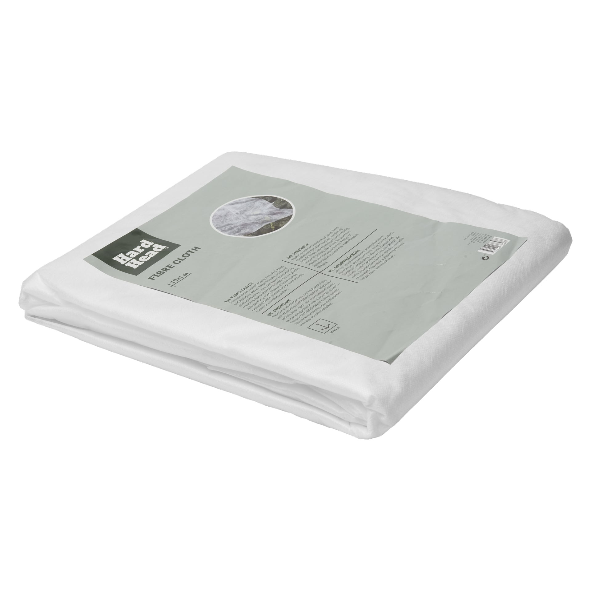 Ett förpackat Hard Head-fibertyg visas. Det vikta vita tyget är omgivet i förpackningen med en gröntonad etikett som visar Hard Head-varumärket, produktdetaljer och en streckkod.