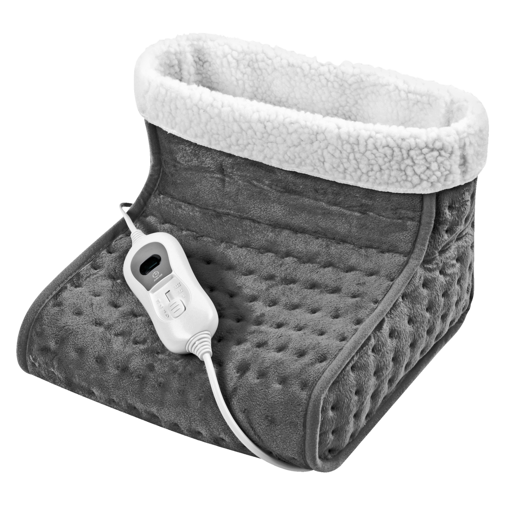 Na wyposażeniu znajduje się szary elektryczny podgrzewacz Menuett z miękkim białym wnętrzem i teksturowaną osłoną zewnętrzną, a także biały pilot z różnymi ustawieniami oraz ekran wyświetlacza.