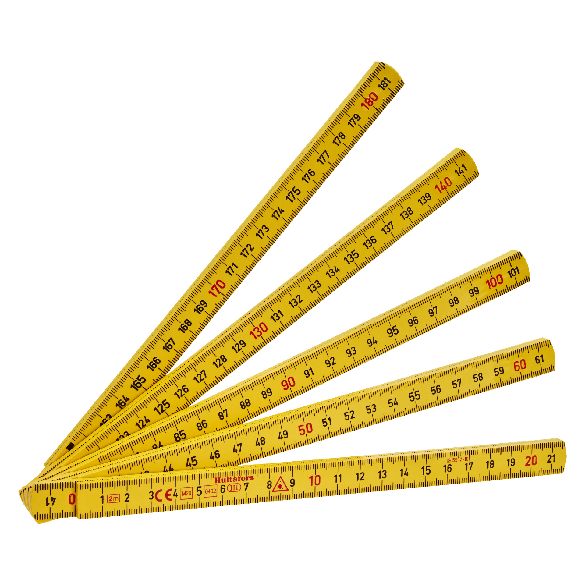 En delvis utstrakt gul Hultafors-meterregel G59 vises i en vifteoppsett, som viser centimeter- og millimetermålinger med svarte og røde tall, sammen med flere symboler markert over overflaten.