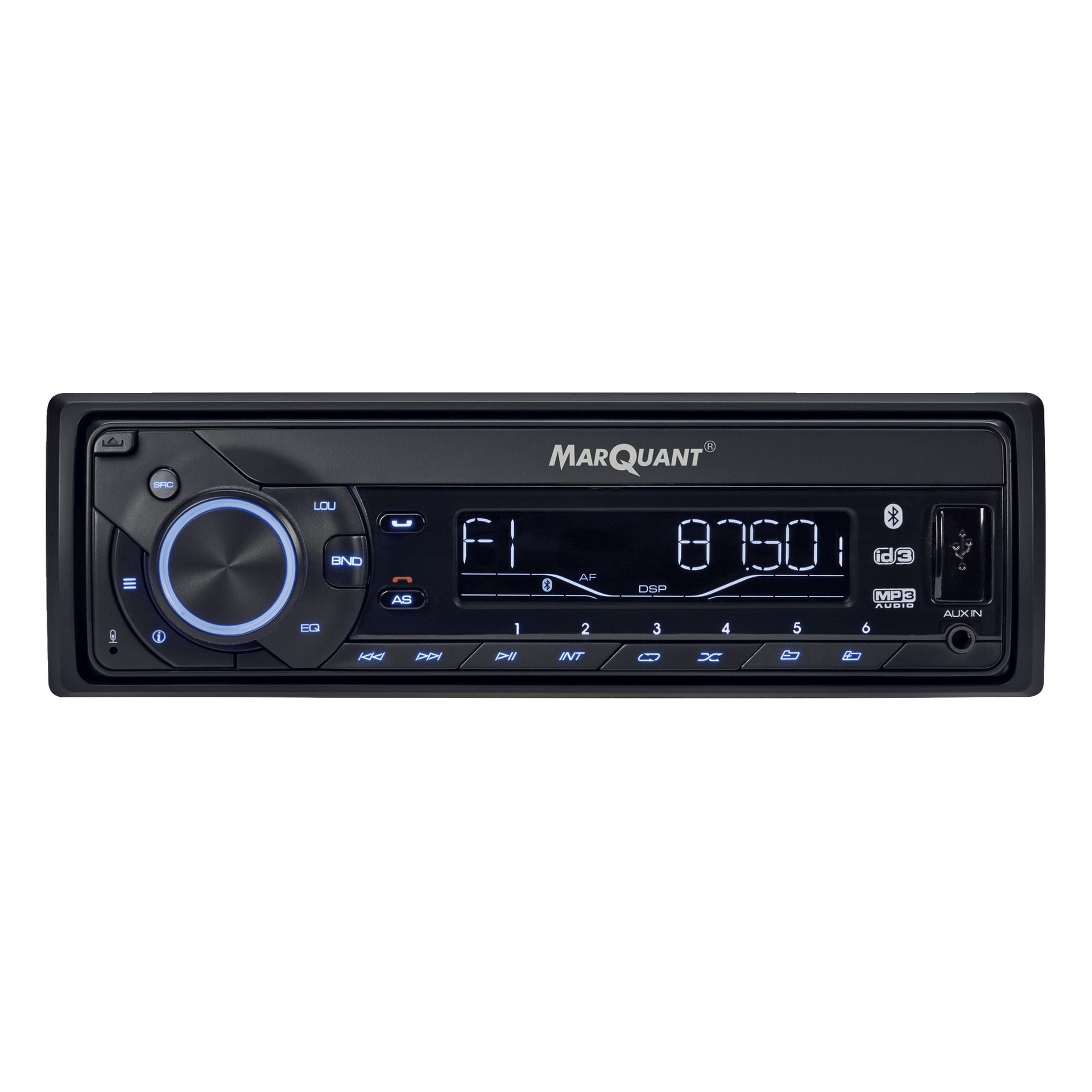 Närbild av en Marquant-bilstereo, med fokus på dess kontrollpanel och display.