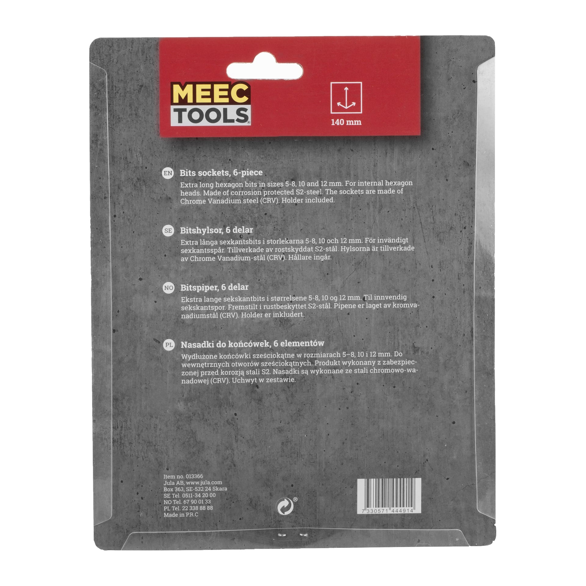 MEEC TOOLSin takapakkaus punaisena, mustana ja harmaana esittää kuusiosaisen terän hylsyn speksit, 140 mm symbolin ja roikkuvan reiän yläosassa.