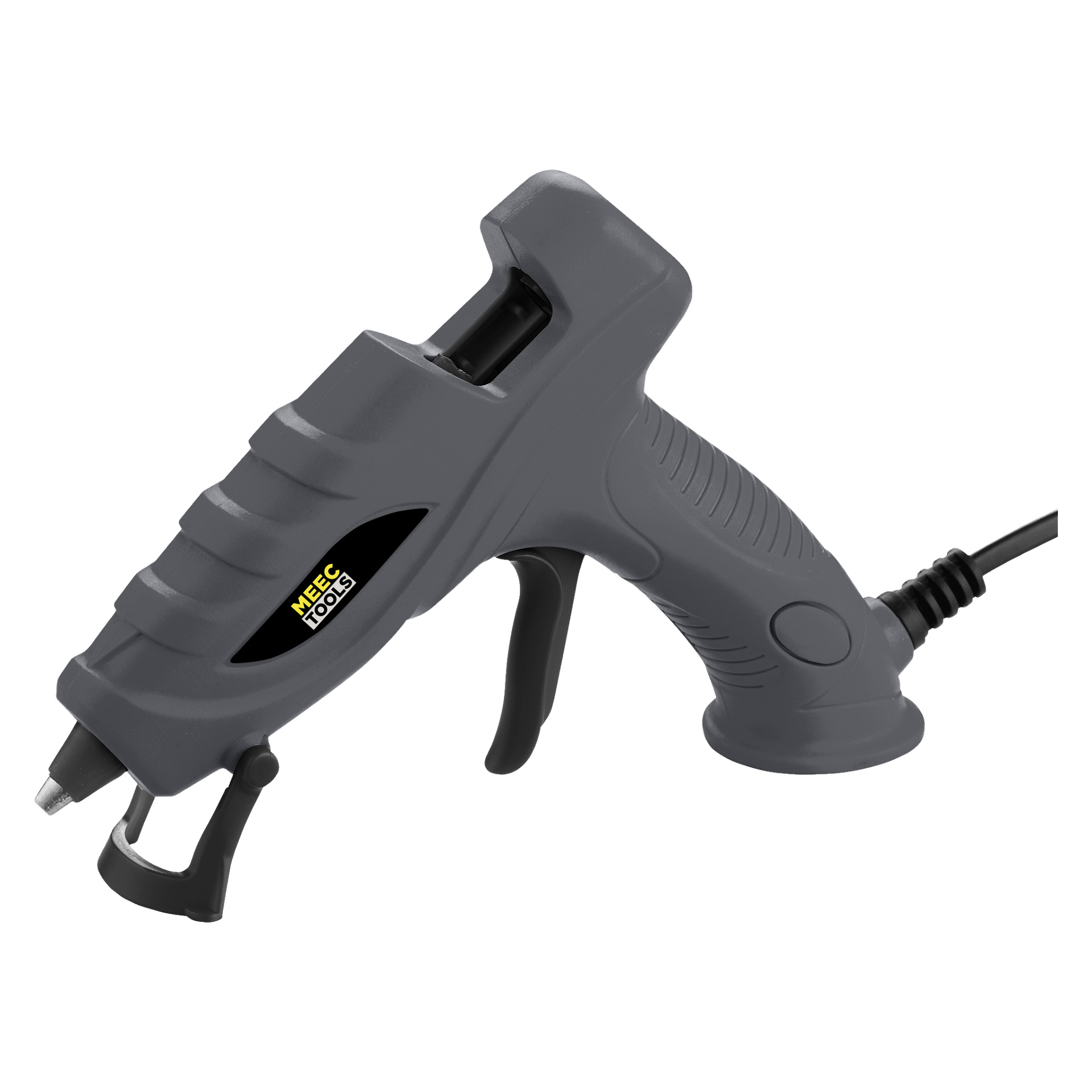 En limpistol från Meec Tools med svart elektrisk kropp, avtryckarhandtag, doseringsmunstycke och ansluten strömkabel är avbildad. Sidan visar Meec Tools-logotypen.