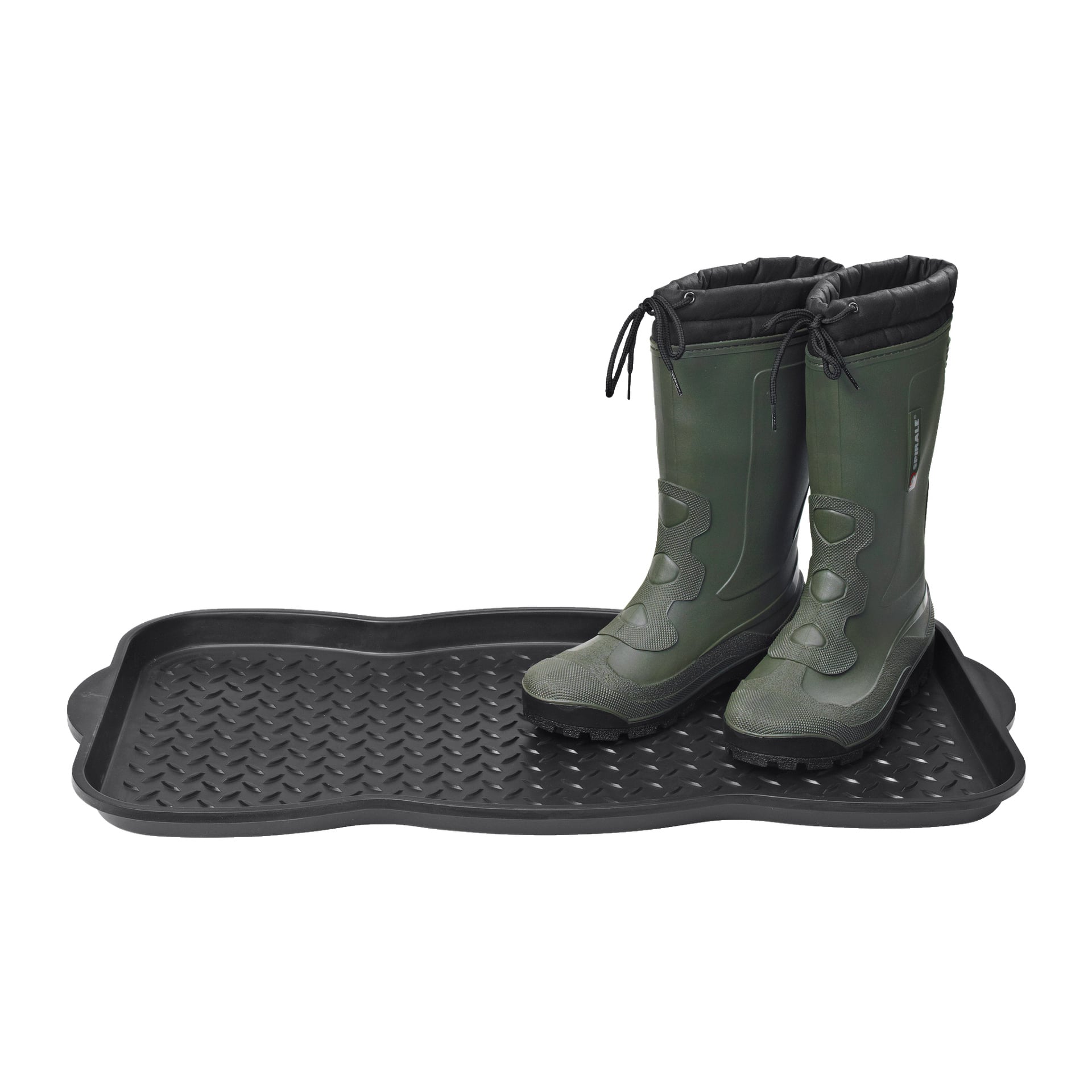 Grønne gummistøvler med svarte såler og lisser legges på en Hard Head Shoe-matte, som er et teksturert svart gummibrett ment for å samle opp skitt og vann.
