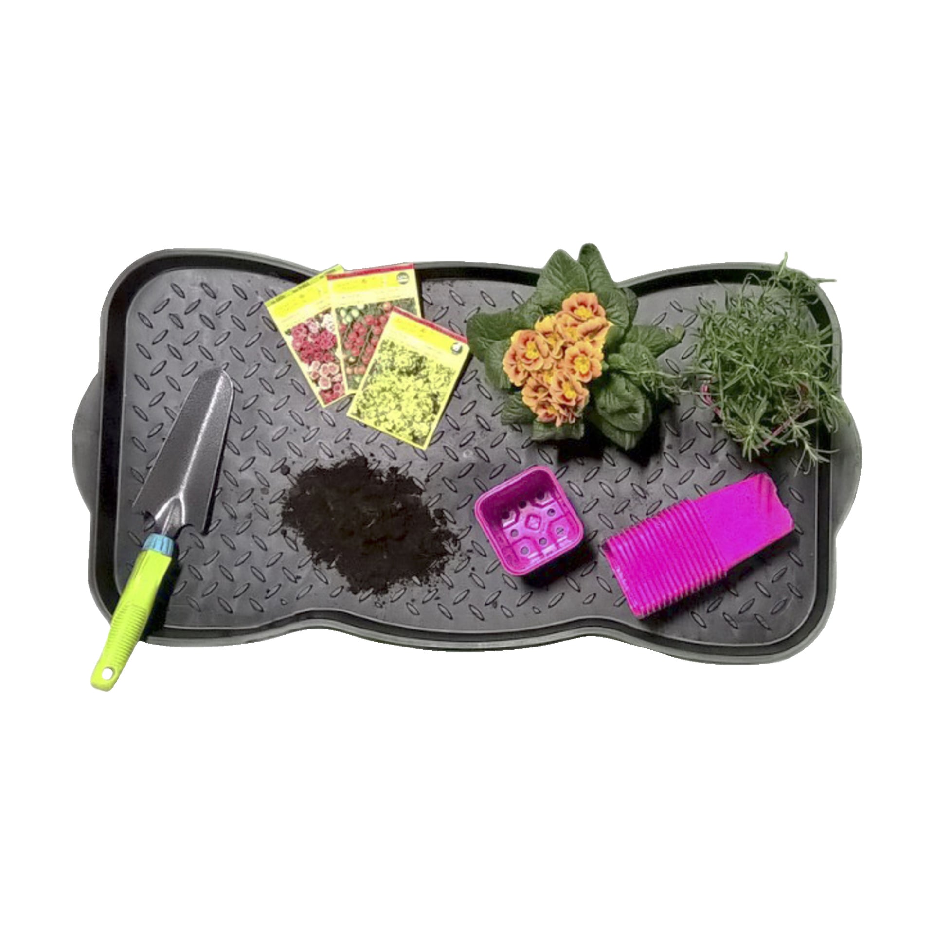 En Hard Head skomatte viser en håndspade, flere frøpakker, en jordhaug, en rosa potte, flere stablede rosa potter, en oransjeblomstret plante og en grønn bladplante.