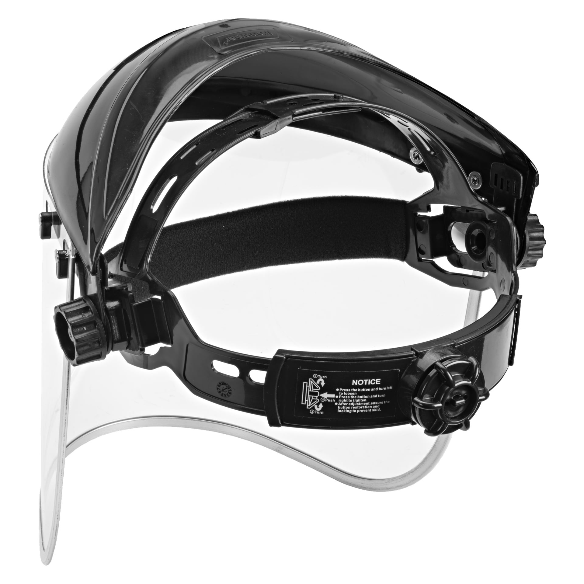 Ett Bluewear Protective Visor visas framåt, med en genomskinlig plastsköld och ett svart pannband som justeras via en spärrknopp. En instruktionsetikett finns på sidan av pannbandet.