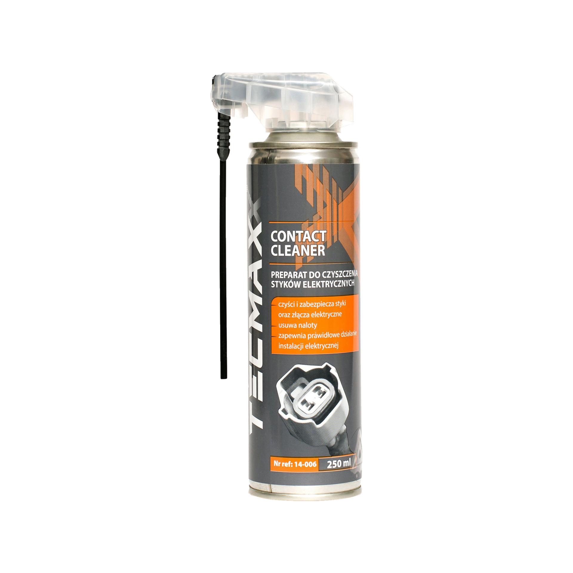 Puszka Tecmaxx do czyszczenia kontaktów o pojemności 250 ml z dyszą do sprężania i dołączoną słomką. Etykieta wskazuje go jako środek czyszczący i ochronny na styki elektryczne oraz złącza.