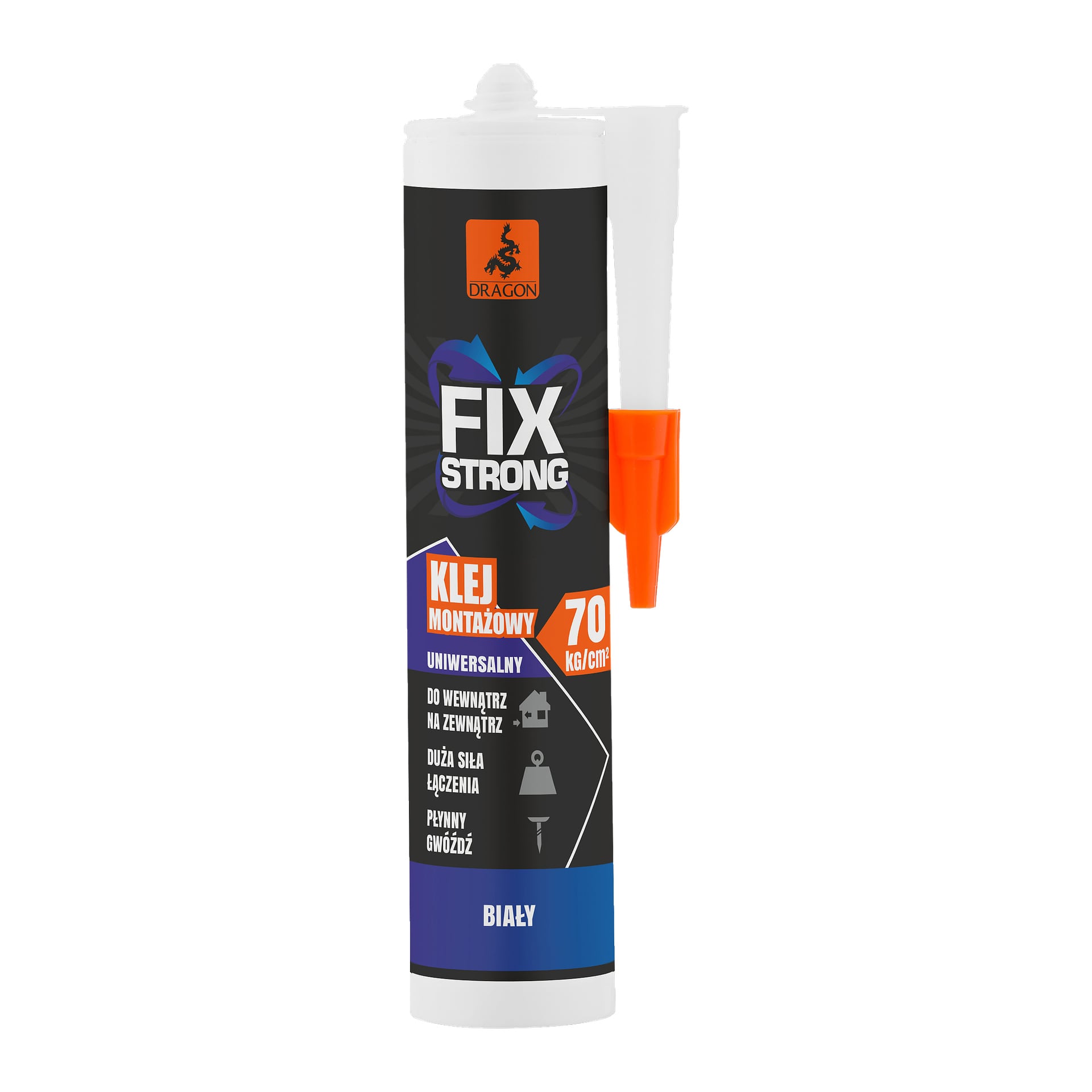 Biało-tubka kleju Dragon Mounting Glue Fix Strong prezentuje pomarańczową etykietę, spiczastą dyszę oraz tekst promujący wysoką wytrzymałość, przydatność zarówno do użytku wewnątrz, jak i na zewnątrz oraz białe wykończenie.