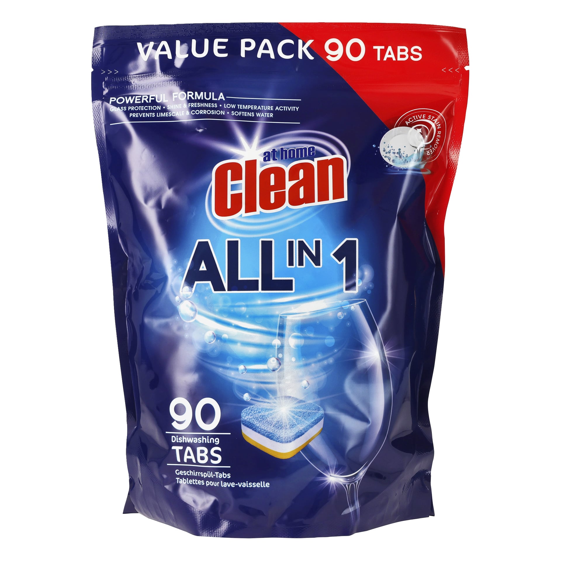 En blå påse At Home Clean Dishwasher Detergent rymmer 90 flikar. Förpackningen visar gnistrande visuella effekter, bilder av glasvaror och tvättmedel tabletter, nämner rengöringsfördelar och har en rödvit etikett med texten Value Pack 90 Tabs.