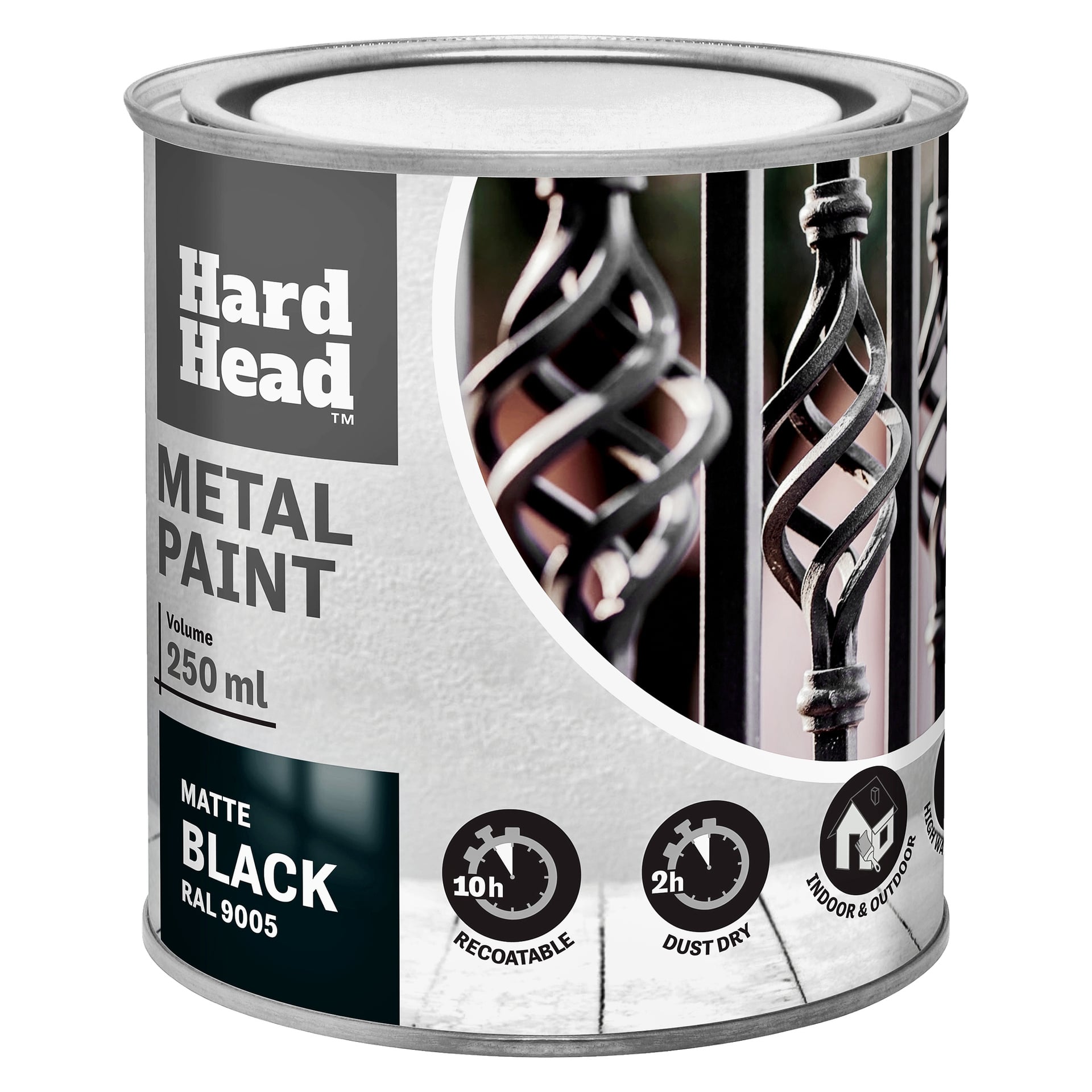 En 250 mL boks med Hard Head Metal-maling i matt svart (RAL 9005) med rekkverksdetaljer og ikoner som viser 10h omlakkerbar, 2h støvtørking, og for innendørs/utendørs stål.