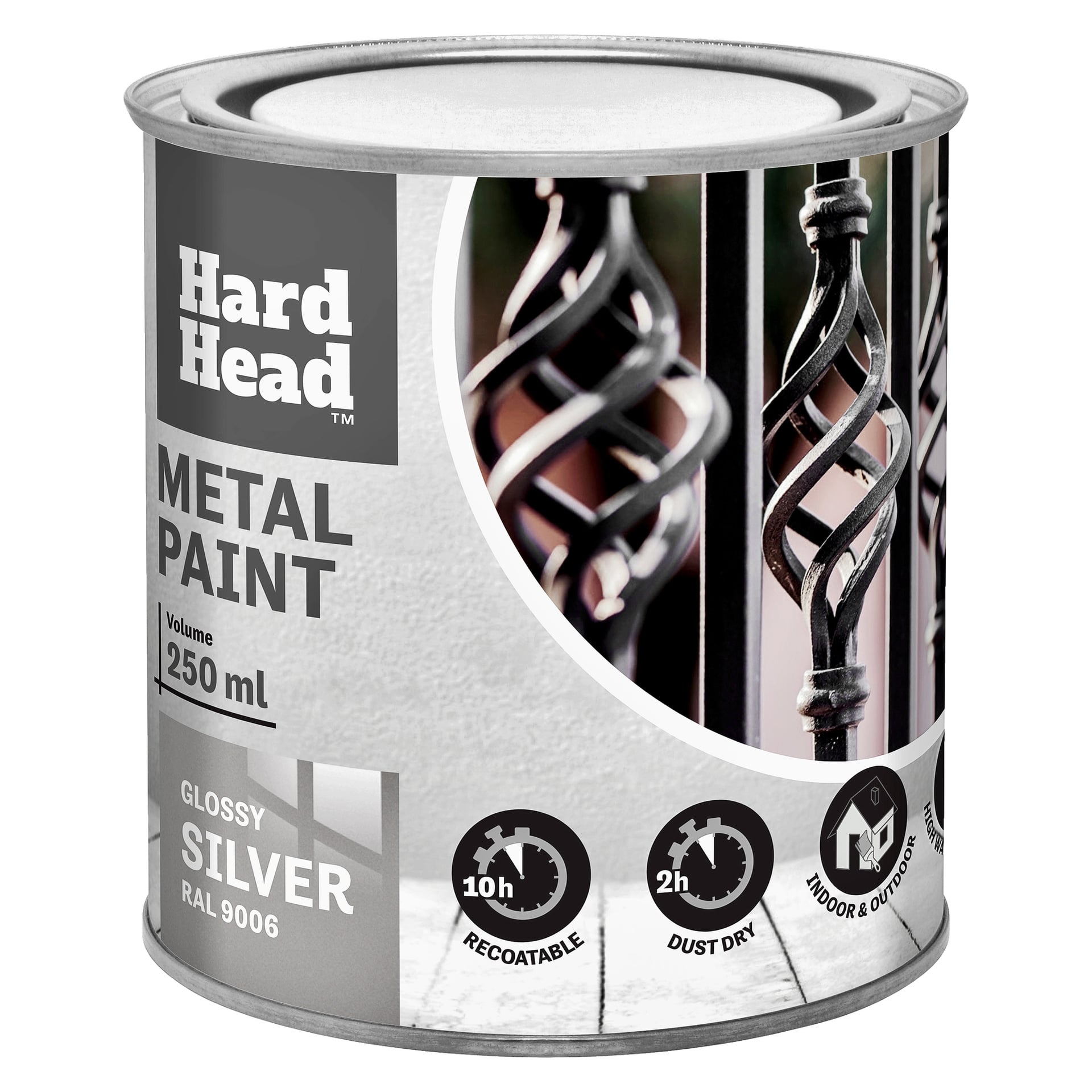 250 ml purkki Hard Head Metal -maalia kiiltävässä hopeassa (RAL 9006), jossa on spiraalimainen metalliyksityiskohta ja kuvakkeet, joissa lukee 10h uudelleenpinnoitus, 2h pölyn kuivaus ja sisä/ulkokäyttö.