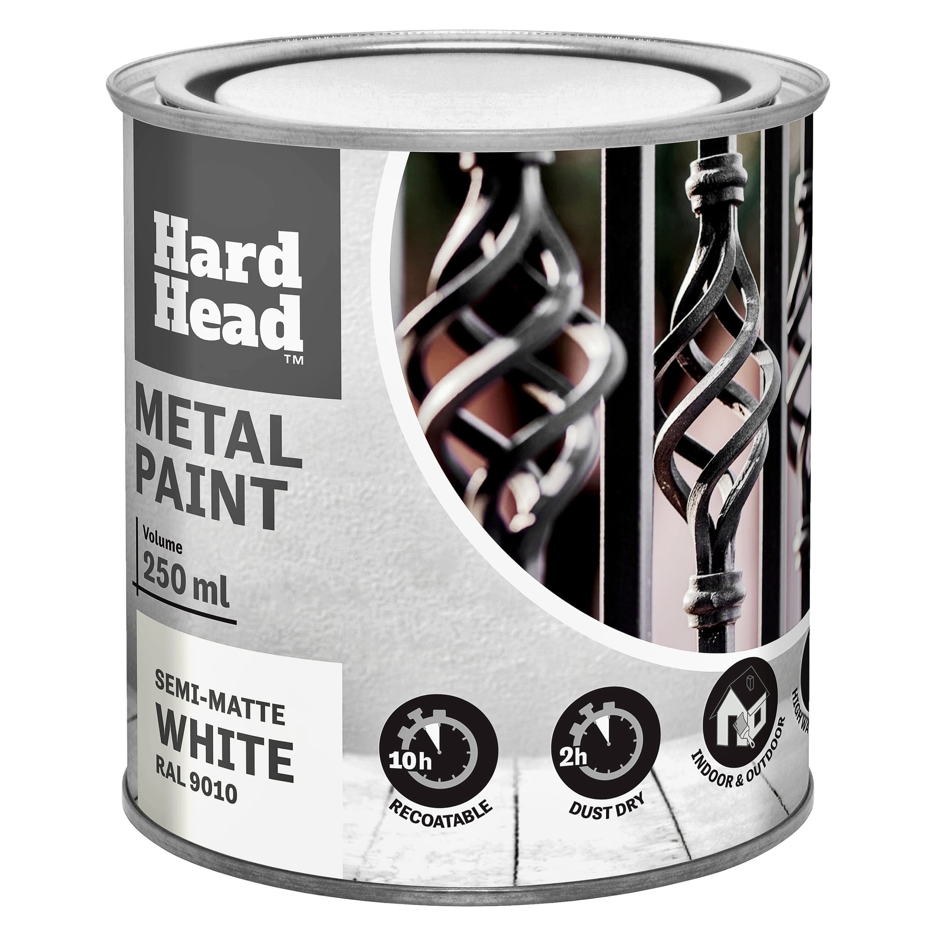 250 mL Hard Head Metal -maalipurkki puolimattavalkoisena (RAL 9010), jossa on etikettikuvakkeet, jotka näyttävät metallipinnat, kuivaus- ja uudelleenkoodausajat sekä sisä-/ulkokäyttö.