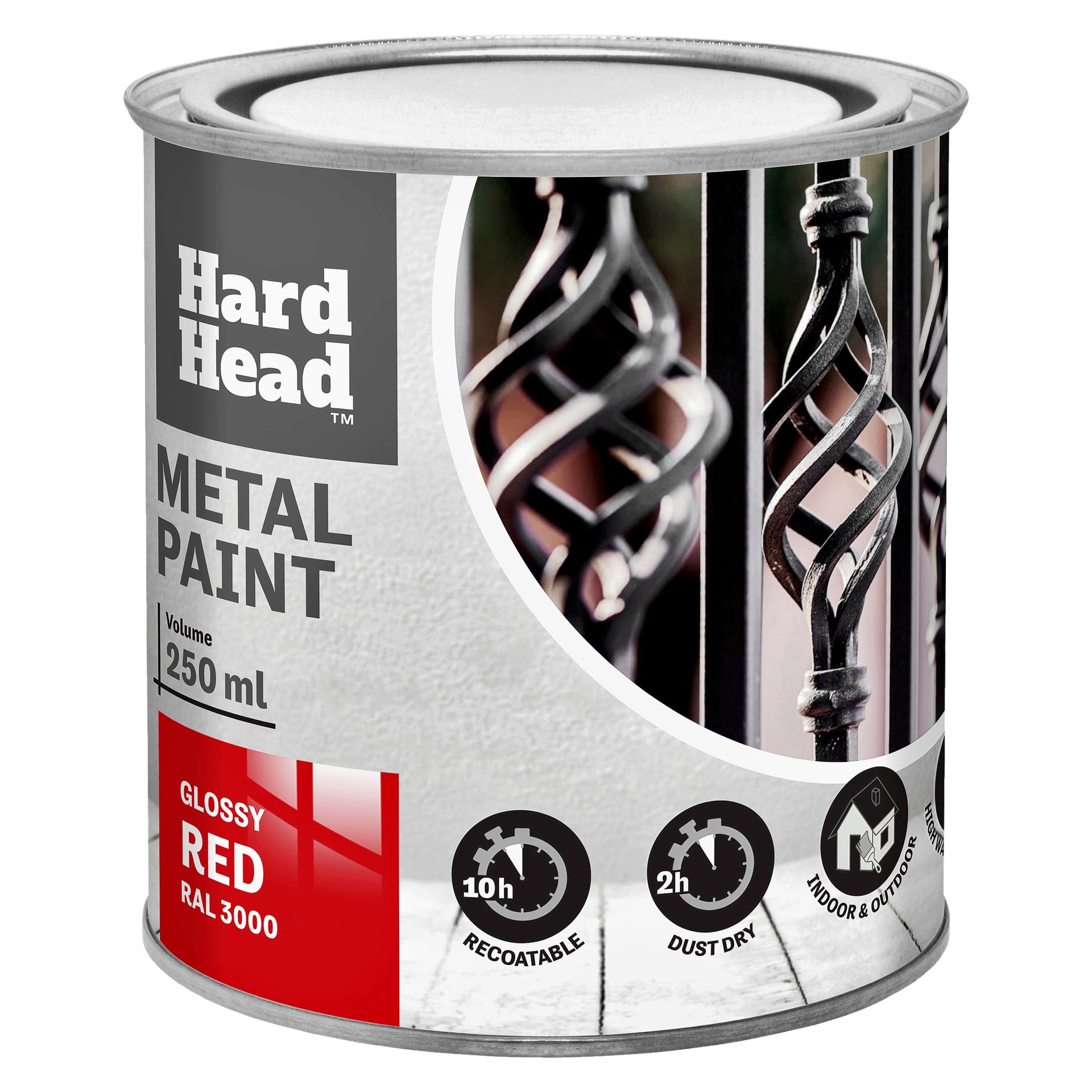 250 ml purkki Hard Head Metal -maalia kiiltävänä punaisena (RAL 3000), jossa on kierretyt metallipalkit etiketissä ja kuvakkeet, joissa lukee Recoating: 10 h, Kuivumisaika: 2 h, ja Sisä/ulkokäyttöön.