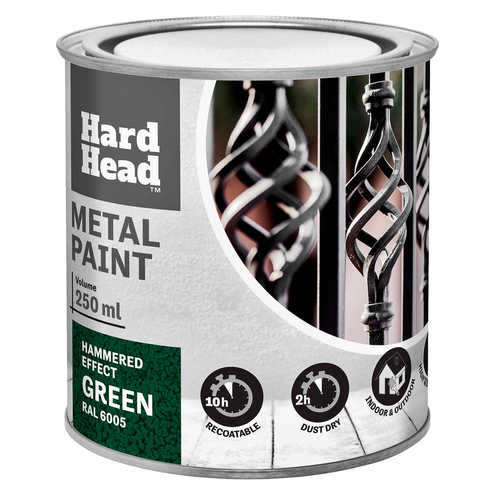 En 250 ml boks med Hard Head Metal-maling i hammered green (RAL 6005). Etiketten viser grafikk av smijern, ikoner som viser bruksområder, og detaljer som omleggingstid og tørketid.