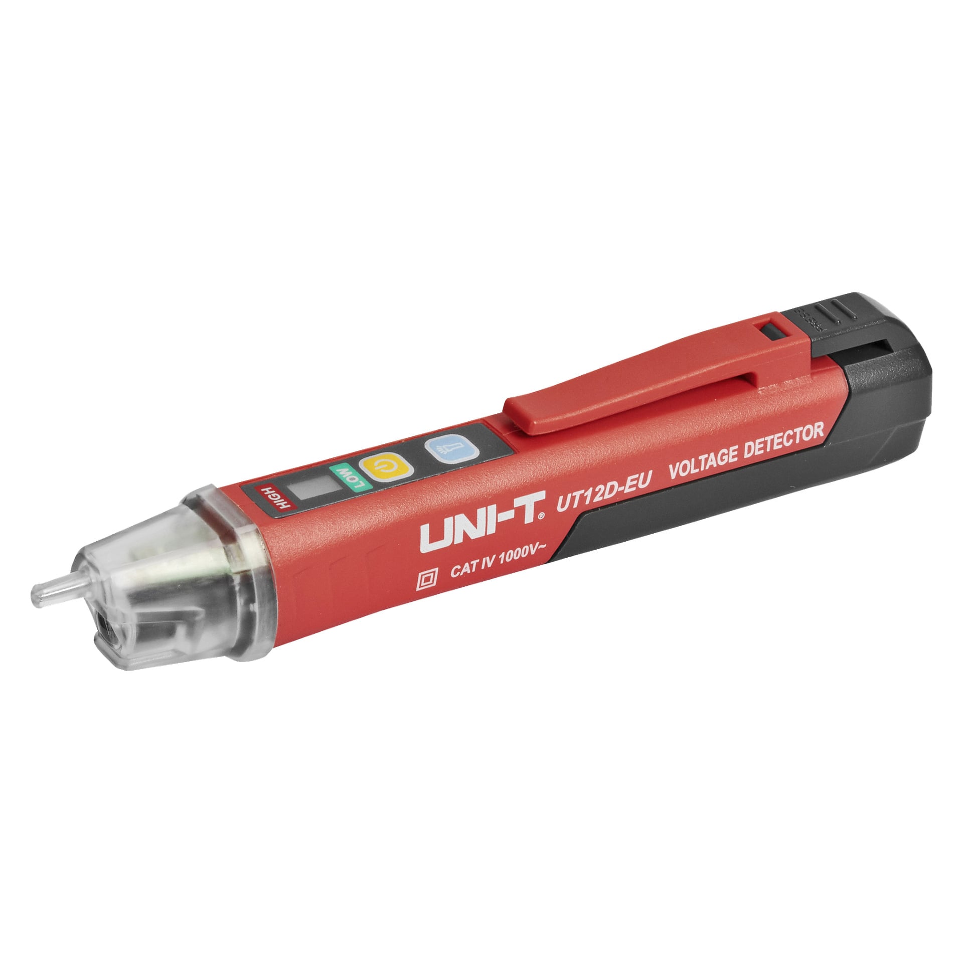 En röd och svart Uni-Trend Voltage Detector UT12D-EU med transparent spets, en fickklämma och knappar markerade för höga och låga inställningar. Sidan visar beteckningen CAT IV 1000V.