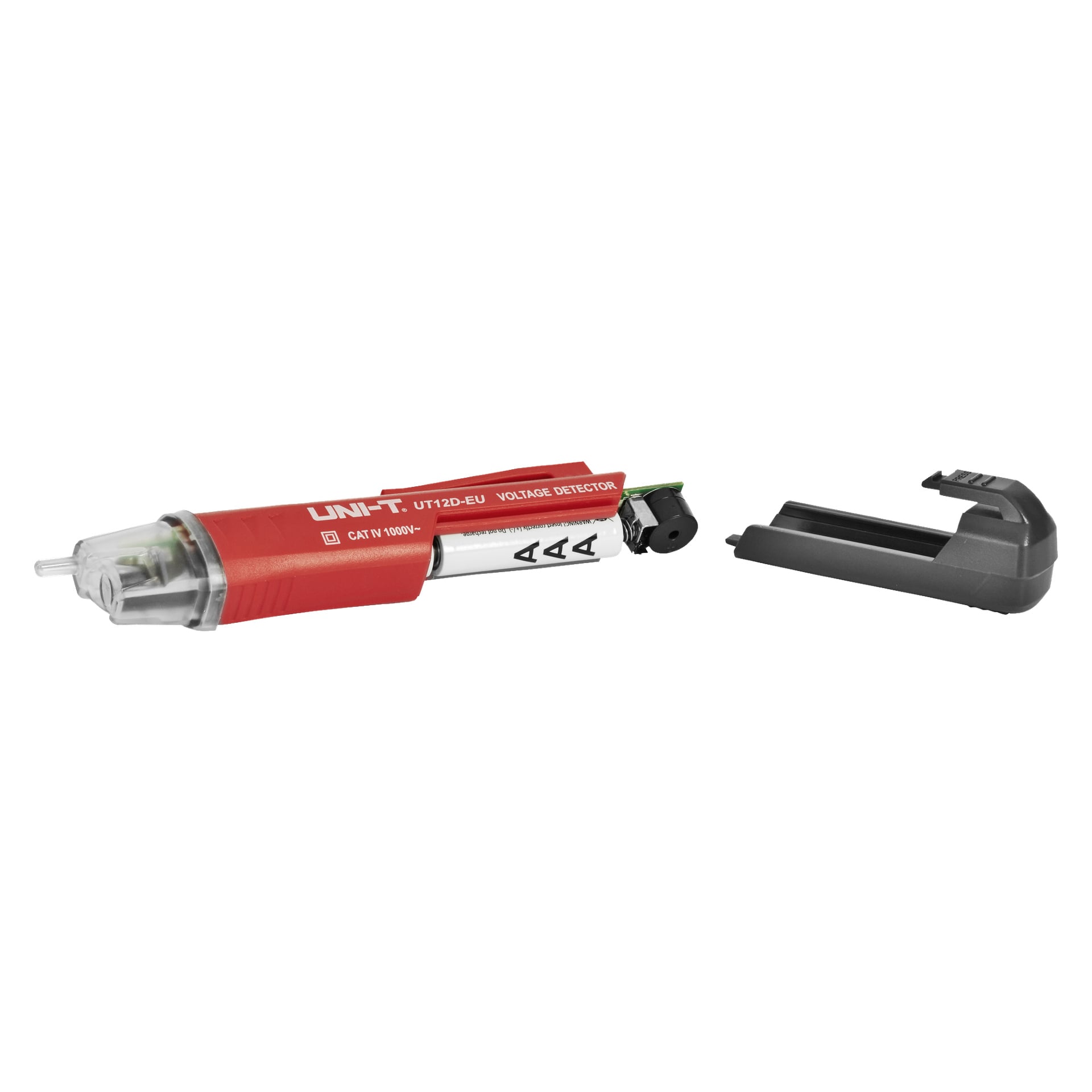 Den röda Uni-Trend Voltage Detector UT12D-EU visas med sitt grå batterilock avtaget och placerat bredvid, vilket visar det exponerade batterifacket och de inre delarna.