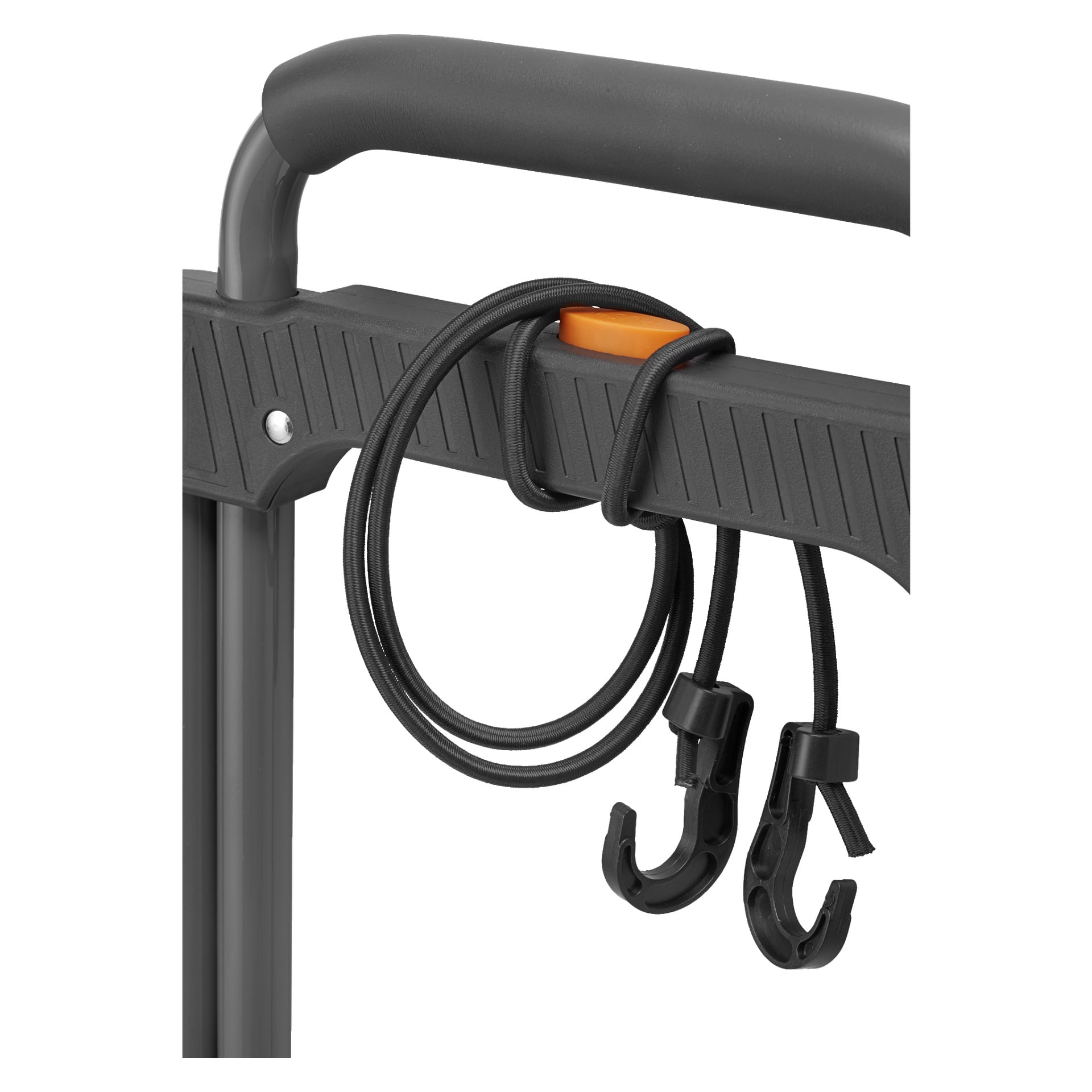 Ett svart bungeesnöre med plastkrokar är lindat runt handtaget på en Hard Head Folding säckkärra, som har en orange knapp på handtaget.