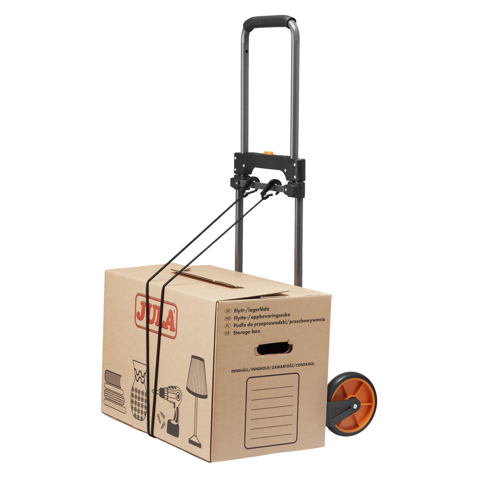 En kartong fastsatt med svarta remmar placeras på en Hard Head Folding sackkärra, som har ett förlängt metallhandtag och hjul med orange accenter, redo för flytt.