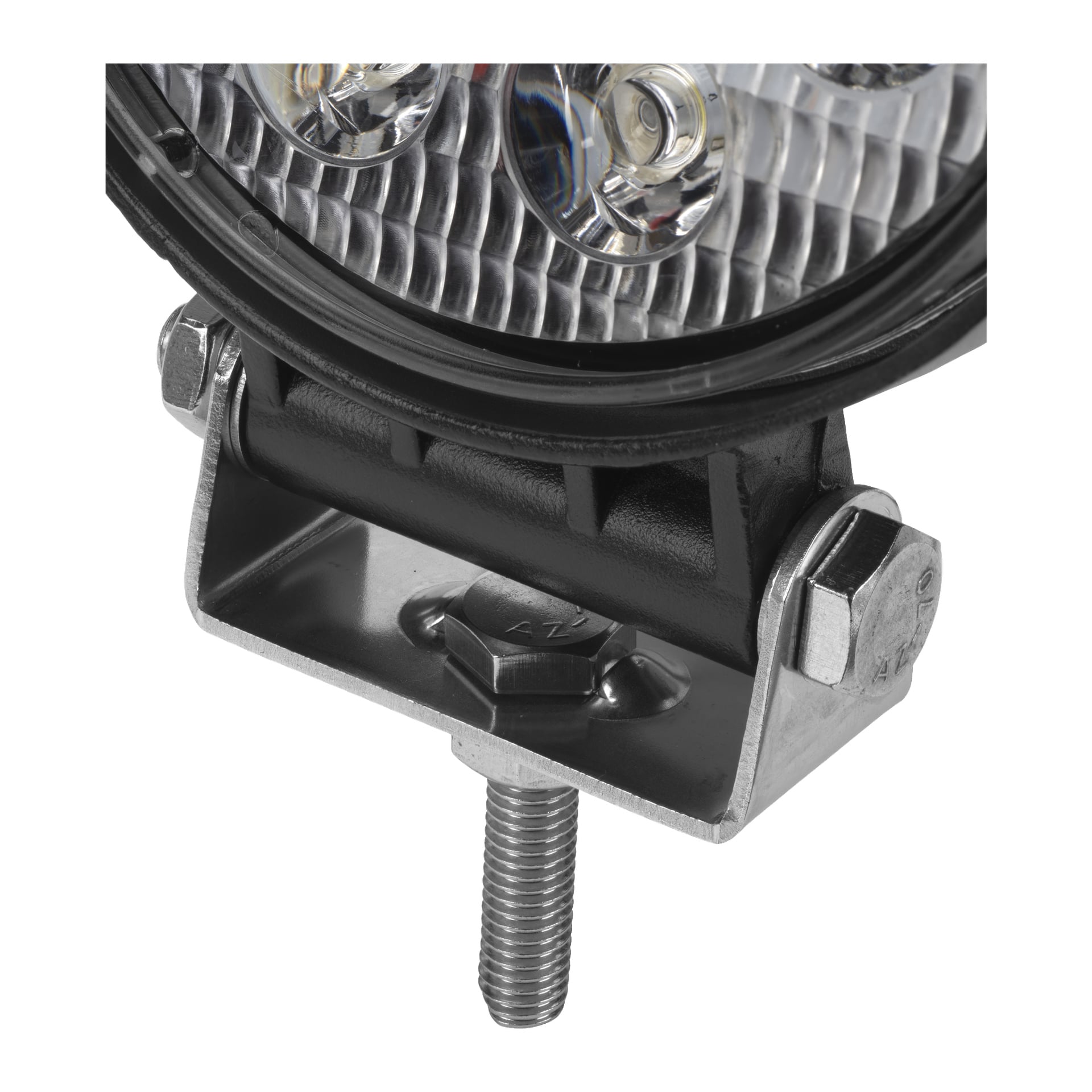 Nært bilde av en Hamron LED-arbeidslampe festet med en metallbrakett og bolt. Den gjengede bolten peker nedover og holdes på plass av to sekskantmuttere som flankerer braketten.