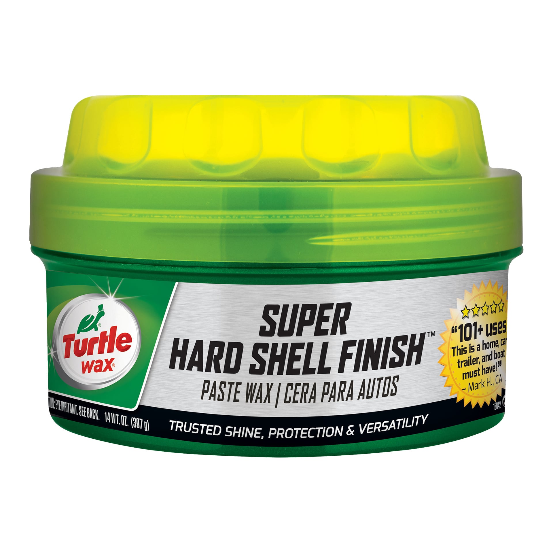 En grön Turtle Wax Car Wax-behållare med gult lock; Etiketten betonar glans och skydd för bilar.